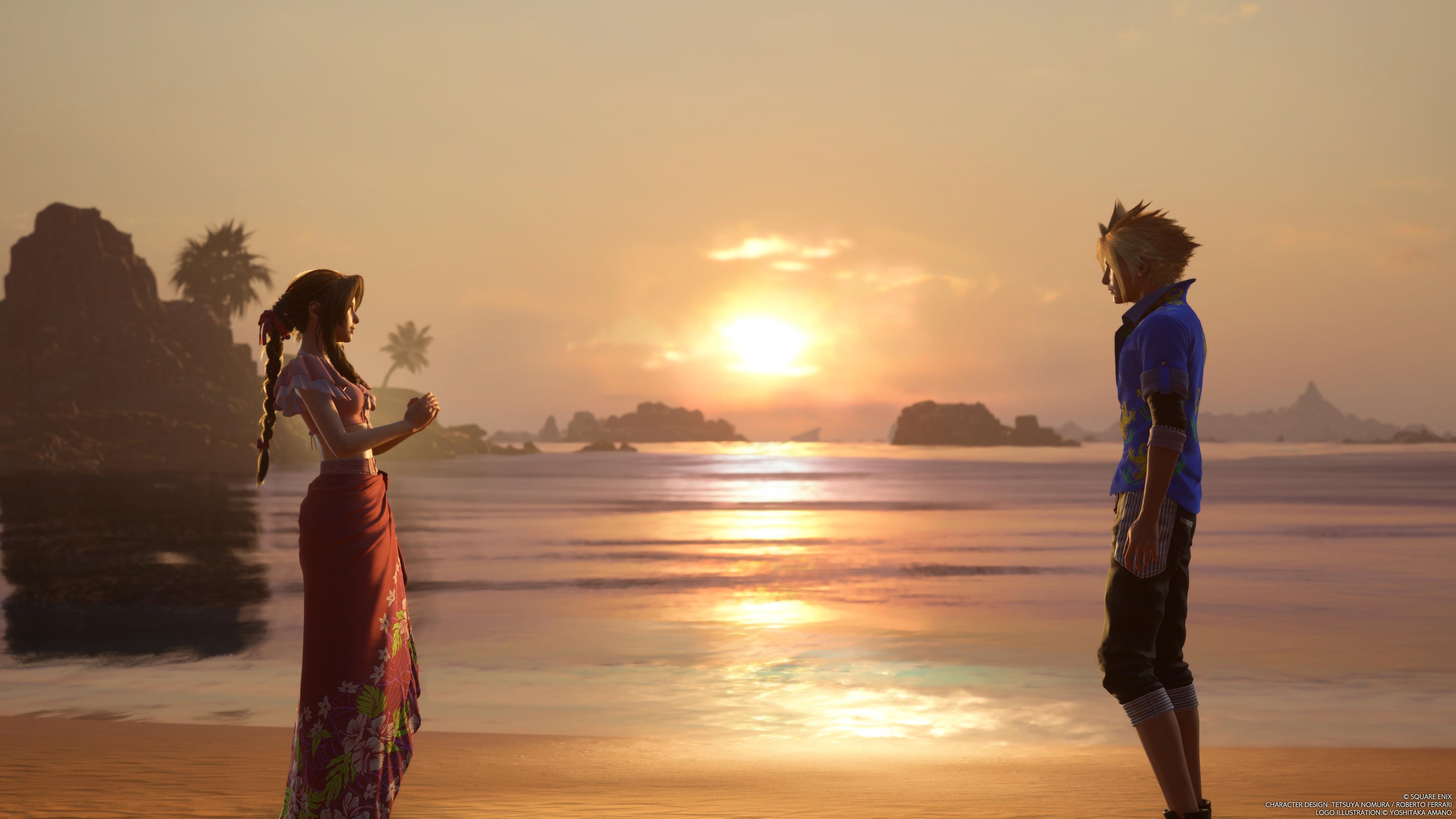 General 3840x2160 Final Fantasy VII: Rebirth Aerith Gainsborough Cloud Strife video games Square Enix sunlight video game characters CGI video game girls standing video game boys Sun reflection water beach women on beach men on beach palm trees long hair watermarked side view video game art