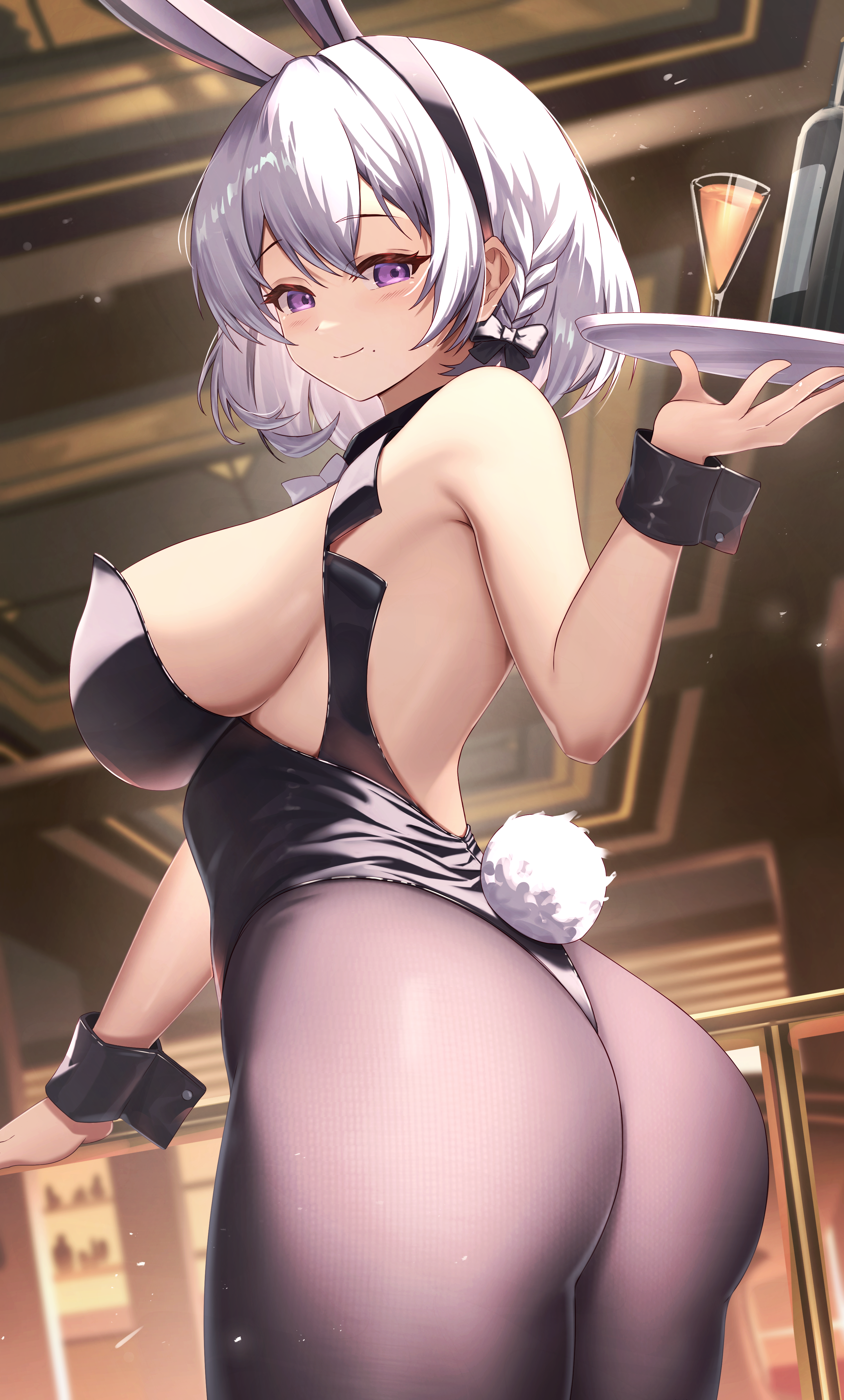 Anime 3000x4976 anime anime girls Azur Lane short hair San Jacinto (Azur Lane) animal ears bunny ears tail bunny tail leotard pantyhose moles mole under mouth looking at viewer smiling railing wrist cuffs purple eyes sideboob ass portrait display tray hair between eyes Eiryu33 bunny suit closed mouth hair bows