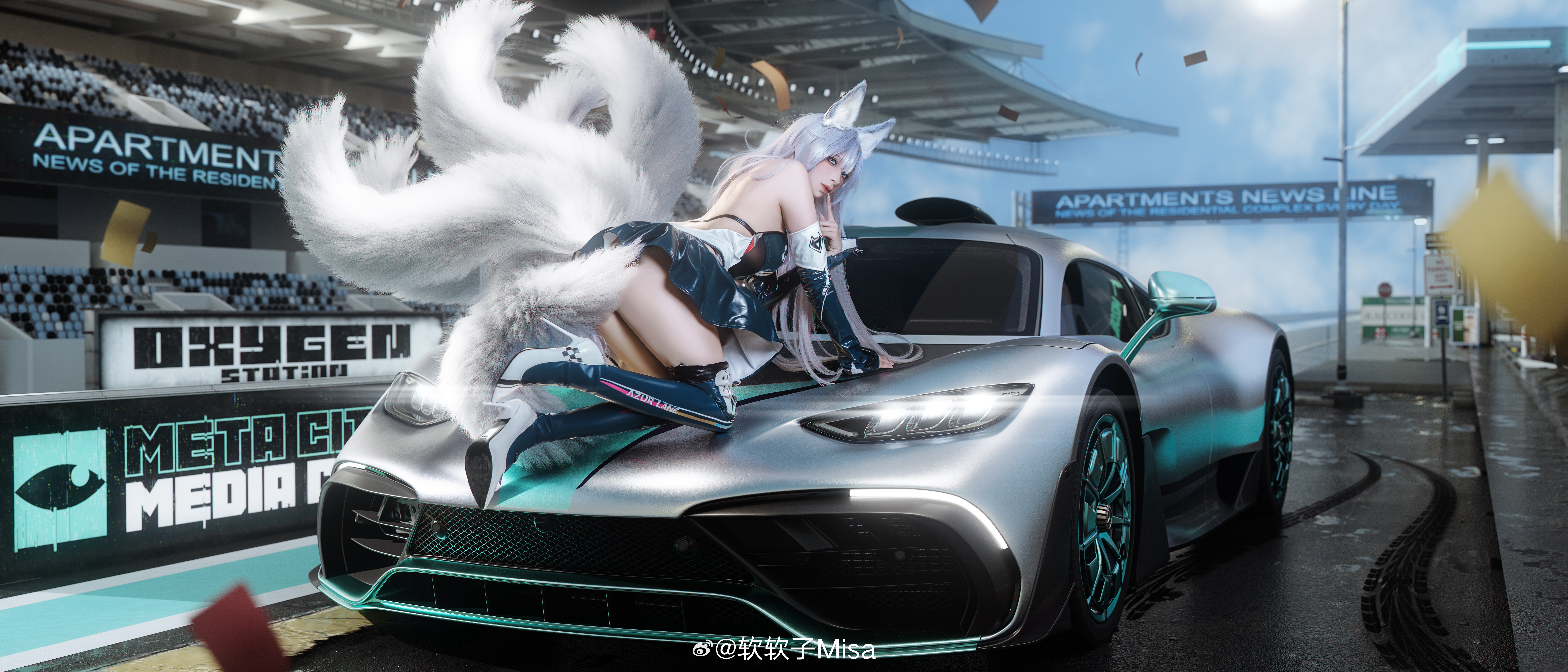 People 9823x4210 cosplay women Asian literuantebieru Shiroko (Blue Archive) Blue Archive long hair frontal view headlights vehicle looking at viewer bent over skirt ass anime girls shoe sole high heels confetti blue eyes white hair fox girl fox ears fox tail watermarked looking back Weibo