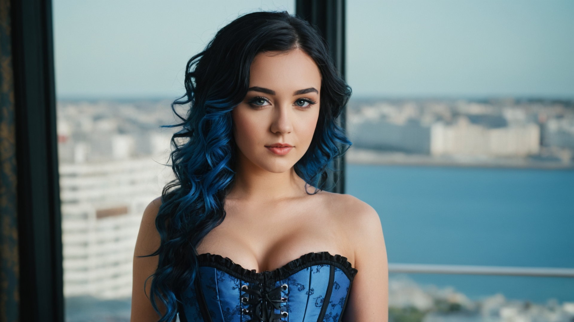 General 1920x1080 AI art Stable Diffusion portrait corset blue corset blue hair blue eyes looking at viewer blurry background face collarbone long hair closed mouth two tone hair wavy hair bare shoulders city window water building cleavage women juicy lips