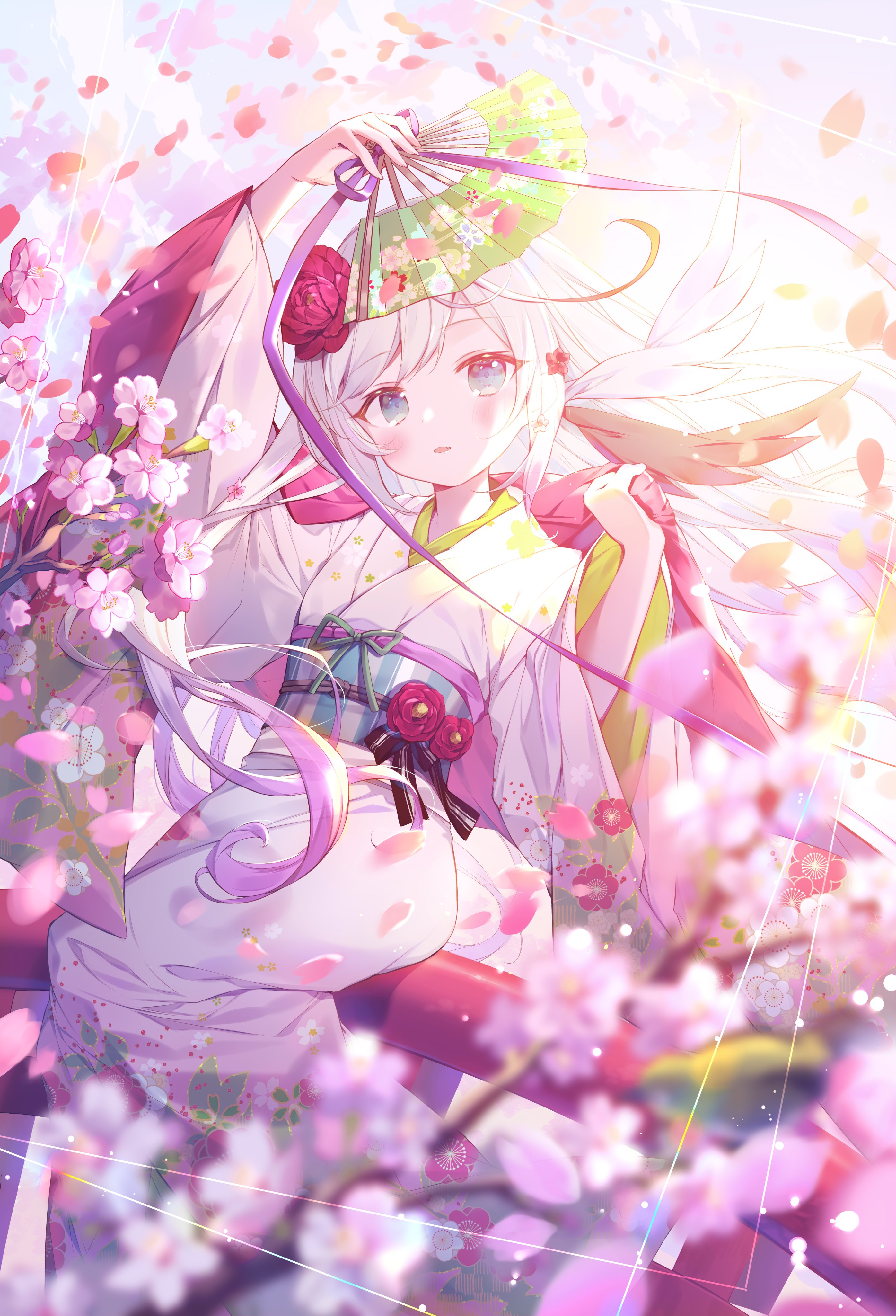 Anime 2790x4096 anime anime girls kimono Ibara Riato portrait display flowers looking at viewer sunlight hand fan wide sleeves parted lips blushing white hair blue eyes one arm up floral sitting long sleeves branch flower in hair petals