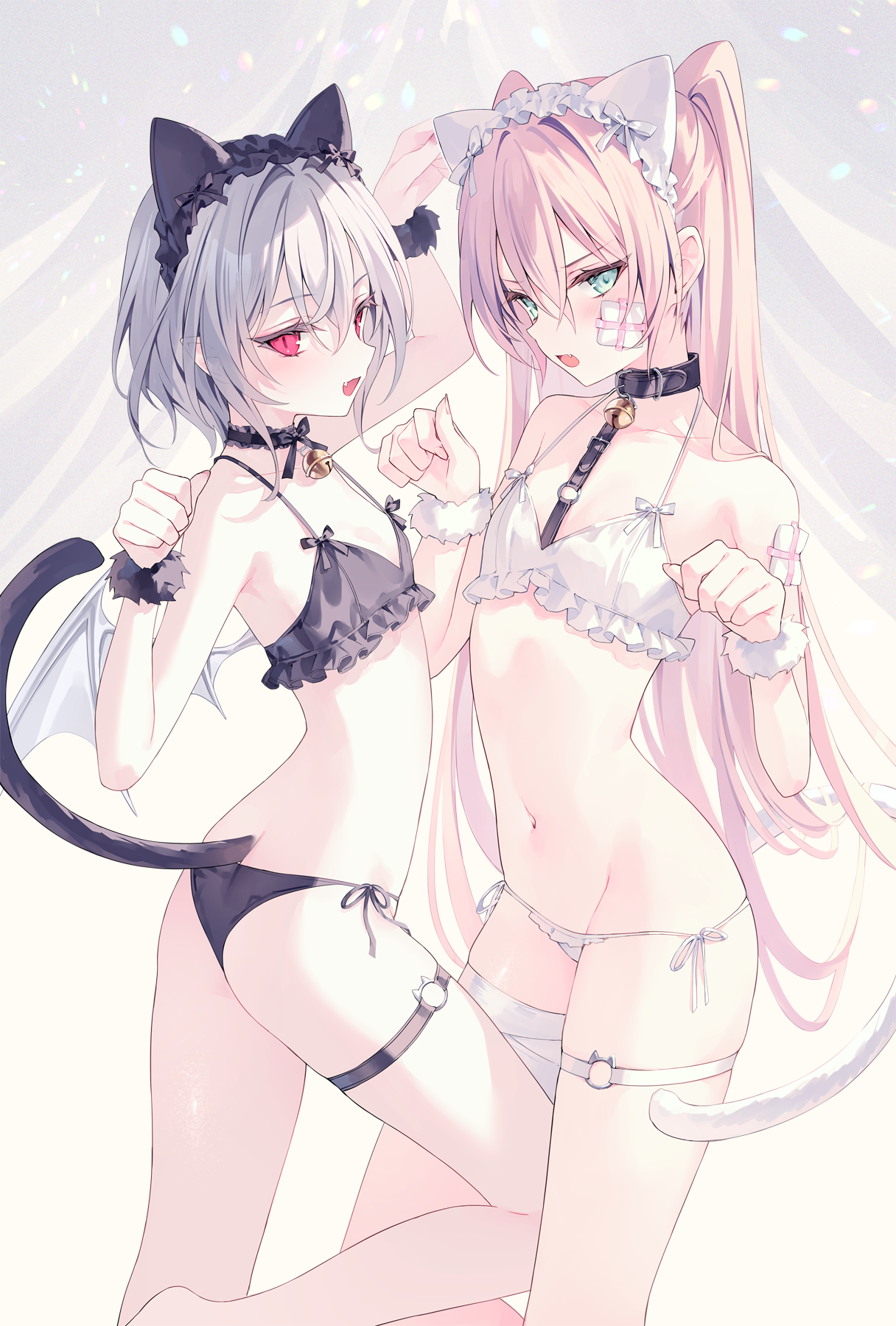 Anime 1216x1800 Rurudo cat girl blushing bikini Pixiv anime anime girls portrait display long hair open mouth slim body hair between eyes skinny small boobs thigh strap simple background ass silver hair red eyes pink hair blue eyes collarbone cat ears choker frills bells arched back wings skindentation standing