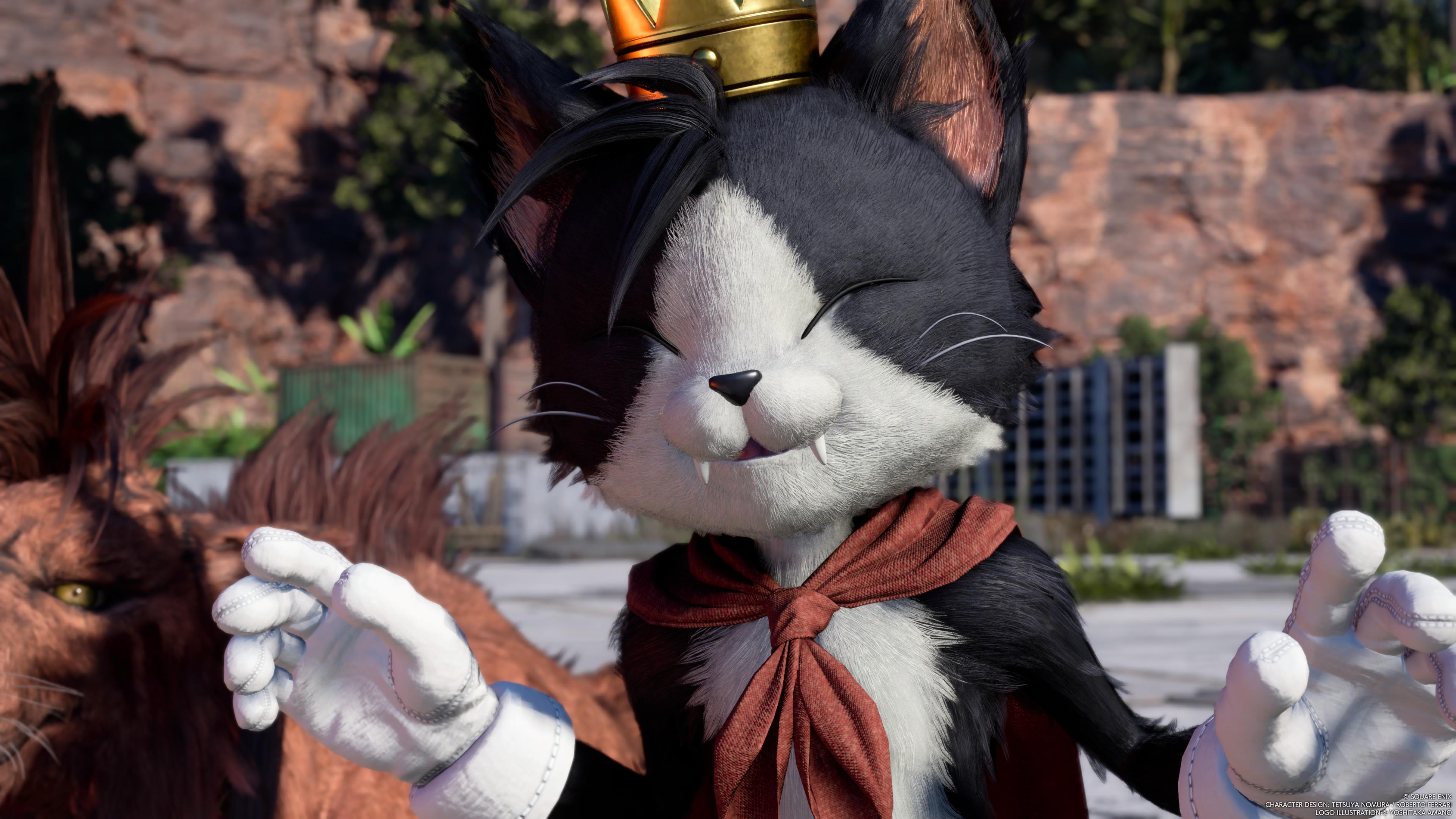 General 3840x2160 Final Fantasy VII: Rebirth Cait Sith Final Fantasy Square Enix video games video game characters CGI video game art screen shot creature whiskers closed eyes white gloves gloves fangs fur crown blurry background watermarked neckerchief
