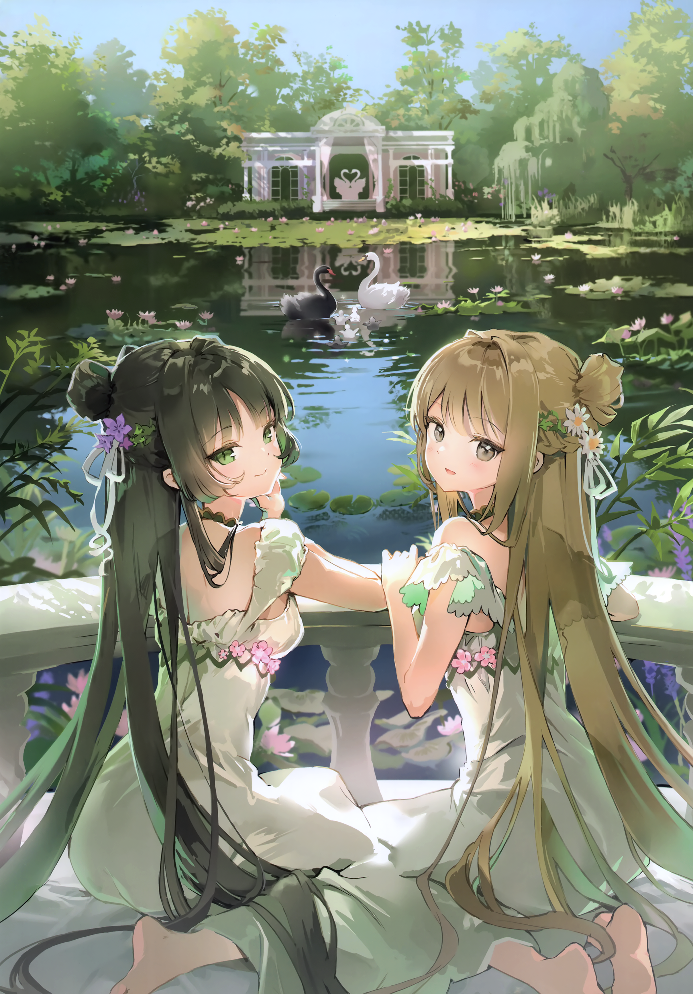 Anime 2419x3470 two women long hair portrait display sitting looking back green eyes looking at viewer hairbun white dress architecture nature hair ornament flower in hair flowers foot sole barefoot blonde gray eyes black hair swans plants sky pond Anmi water birds dress feet willows anime girls reflection
