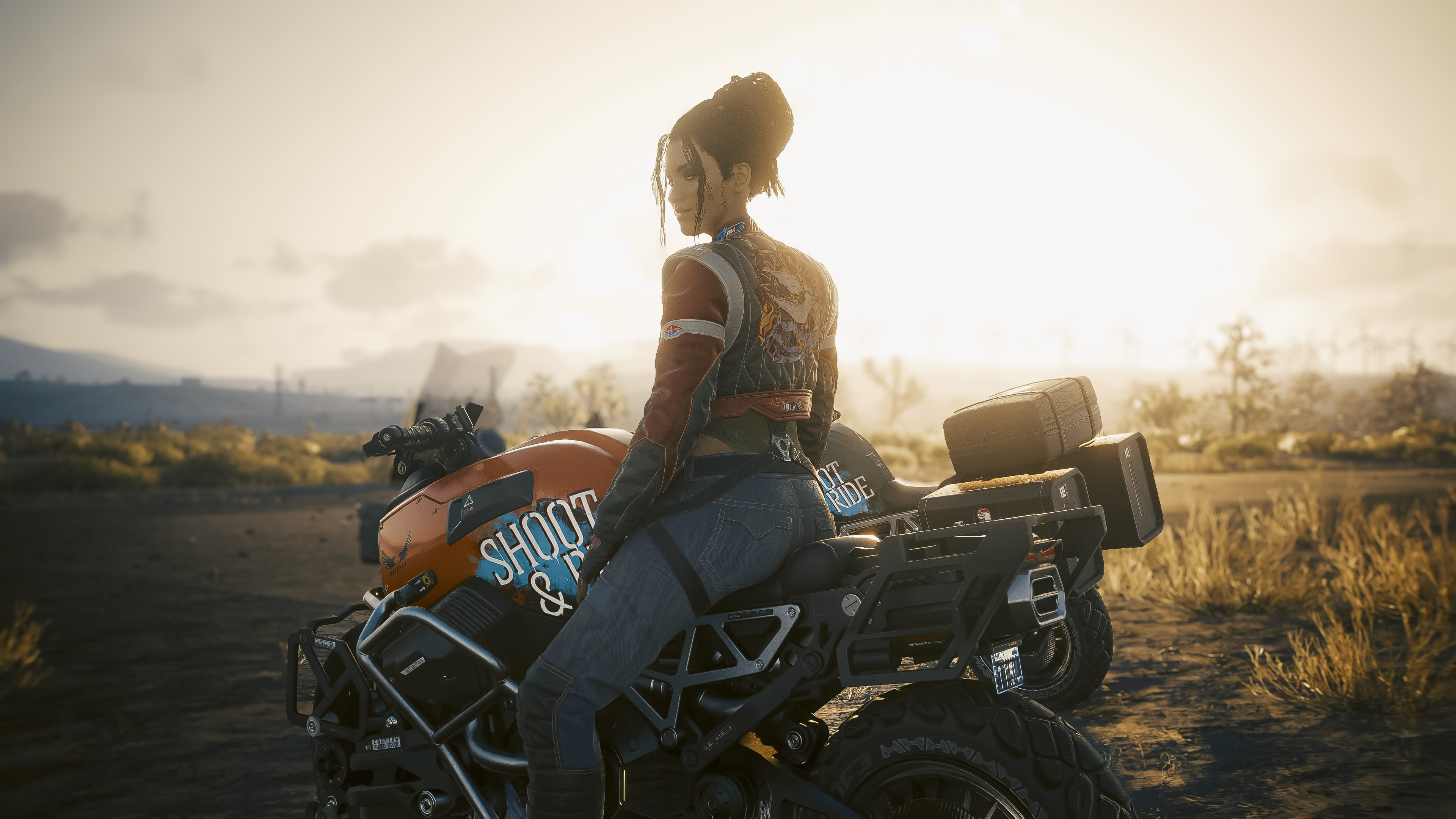 General 3840x2160 Cyberpunk 2077 Panam Palmer sunlight gloves jacket jeans short hair screen shot video game art sitting video game characters CGI video games motorcycle video game girls bright sky clouds vehicle wheels licence plates