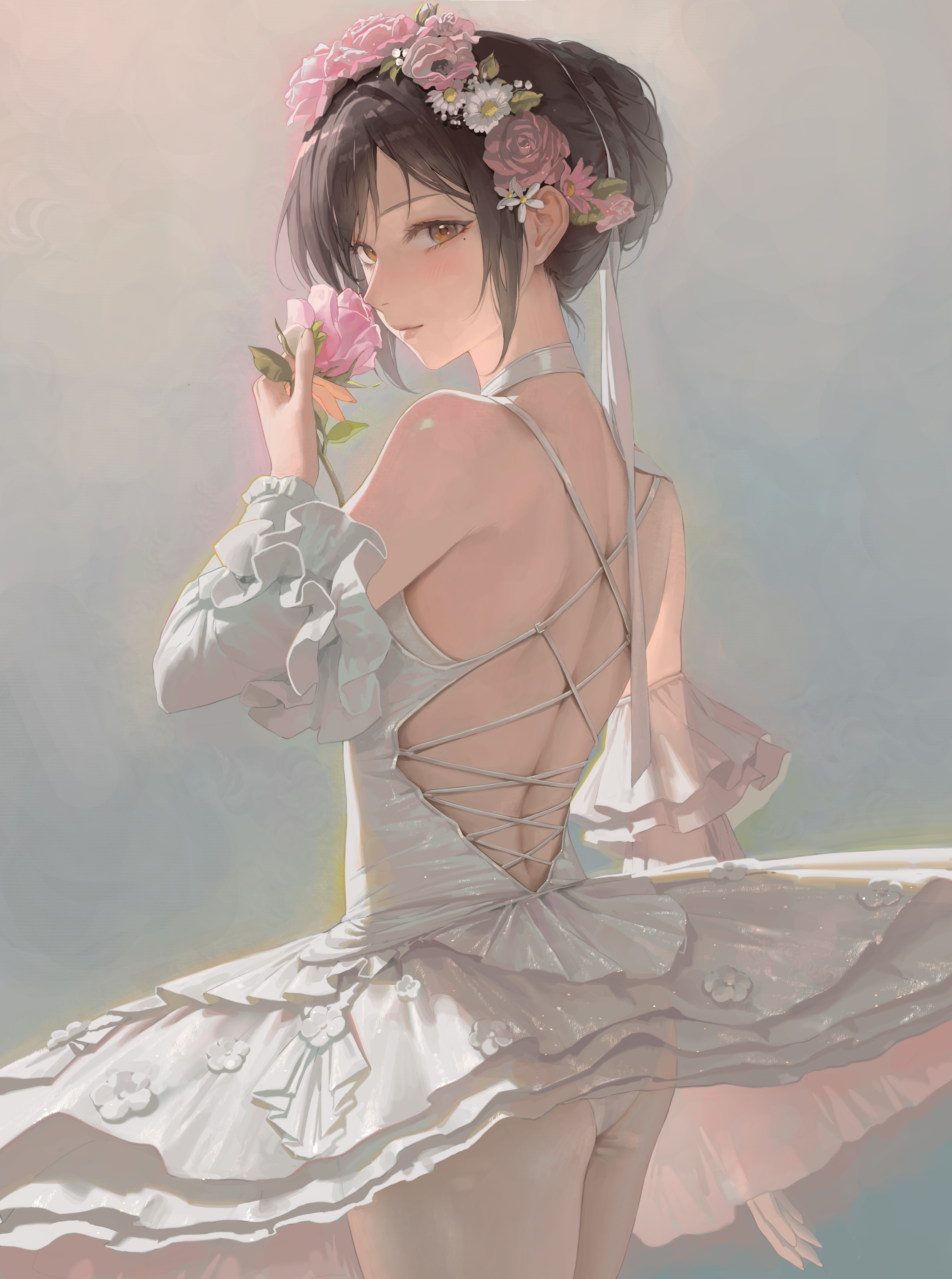 Anime 4131x5549 Bangsom looking back portrait display flowers looking at viewer hairbun flower crown blushing brown eyes pantyhose mole under eye moles gray background thong simple background tutu detached sleeves back white dress closed mouth rose ass no bra
