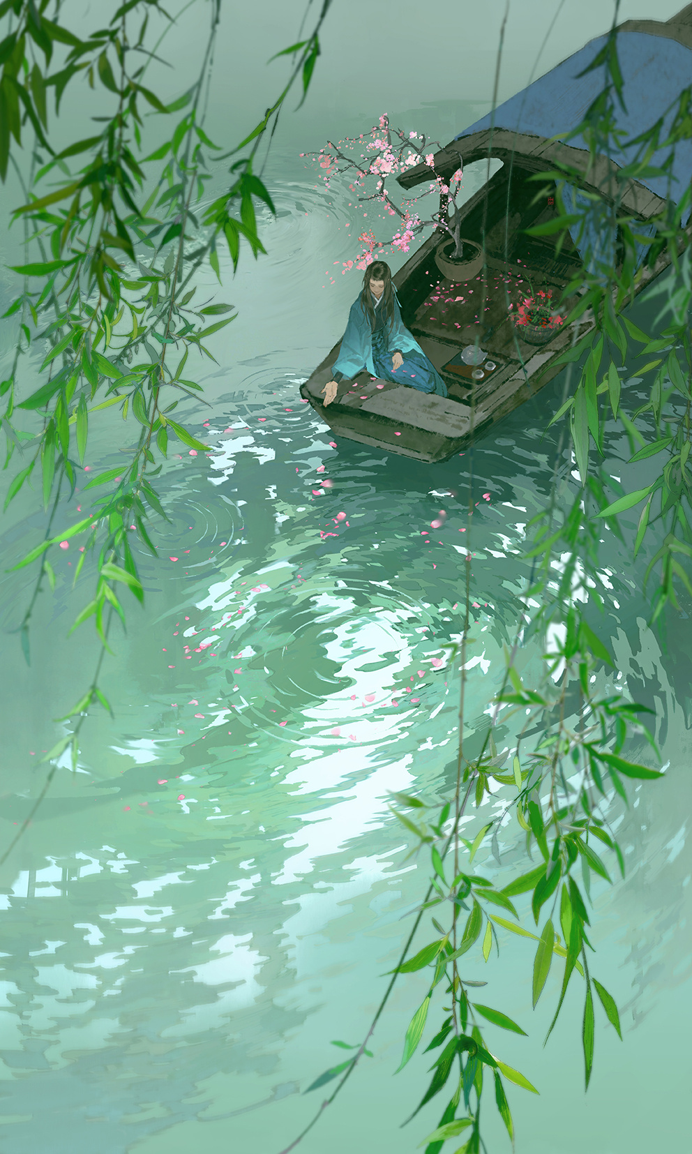 Anime 992x1654 portrait display kimono water leaves boat high angle cherry blossom plants petals ripples lake Ibuki Satsuki long hair