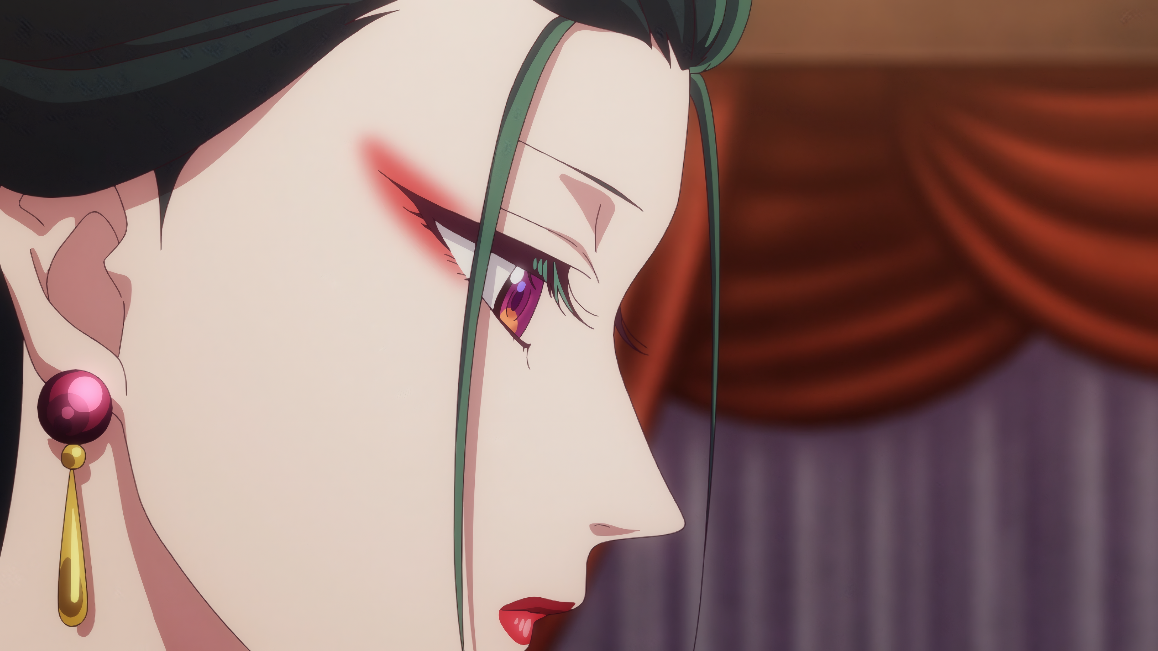 Anime 3840x2160 The Apothecary Diaries Fengxian (The Apothecary Diaries) closeup anime girls anime anime screenshot side view red lipstick lipstick closed mouth makeup earring face blurry background