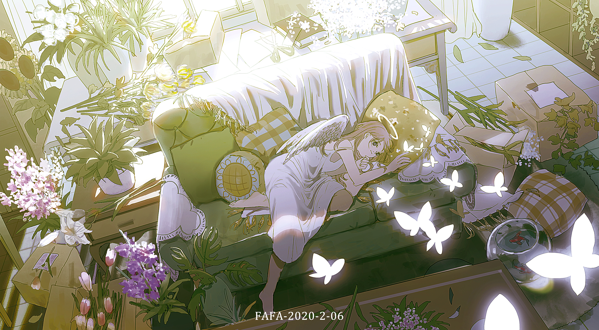 Anime 2000x1102 angel wings white dress butterfly women indoors sunlight lying on couch long hair closed mouth sleeveless pillow flowers bouquets barefoot indoors fishbowls blonde flower shop high angle wings couch boxes