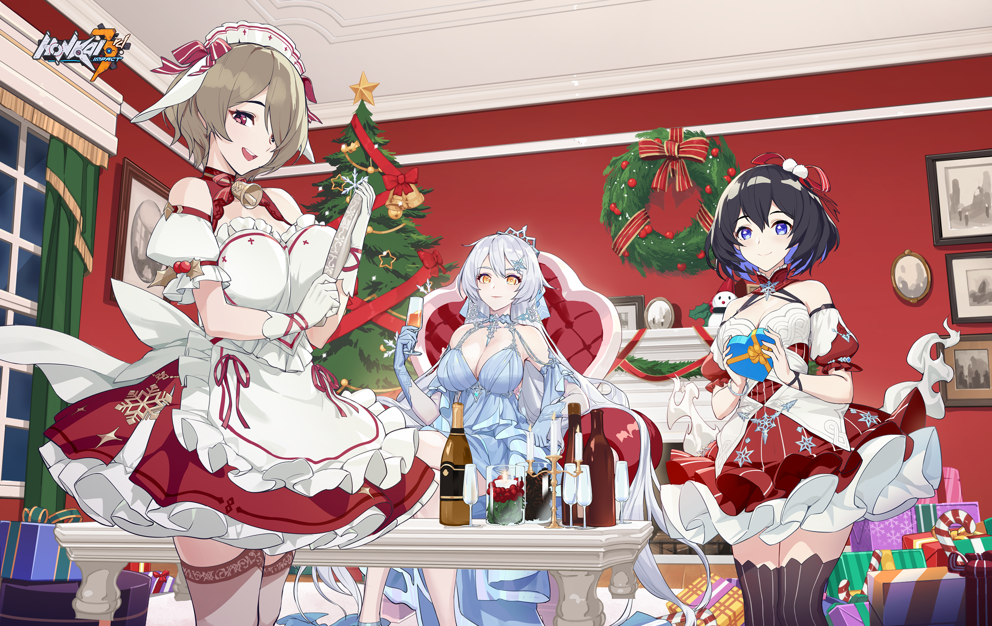 Anime 1980x1250 Honkai Impact Honkai Impact 3rd Christmas Rita Rossweisse Seele Vollerei women trio Christmas tree bottles Christmas presents dress Christmas ornaments  cup women indoors window group of women gloves picture frames smiling Kiana Kaslana standing short hair looking at viewer white gloves table hair between eyes frills title video game girls anime girls anime games HoYoverse