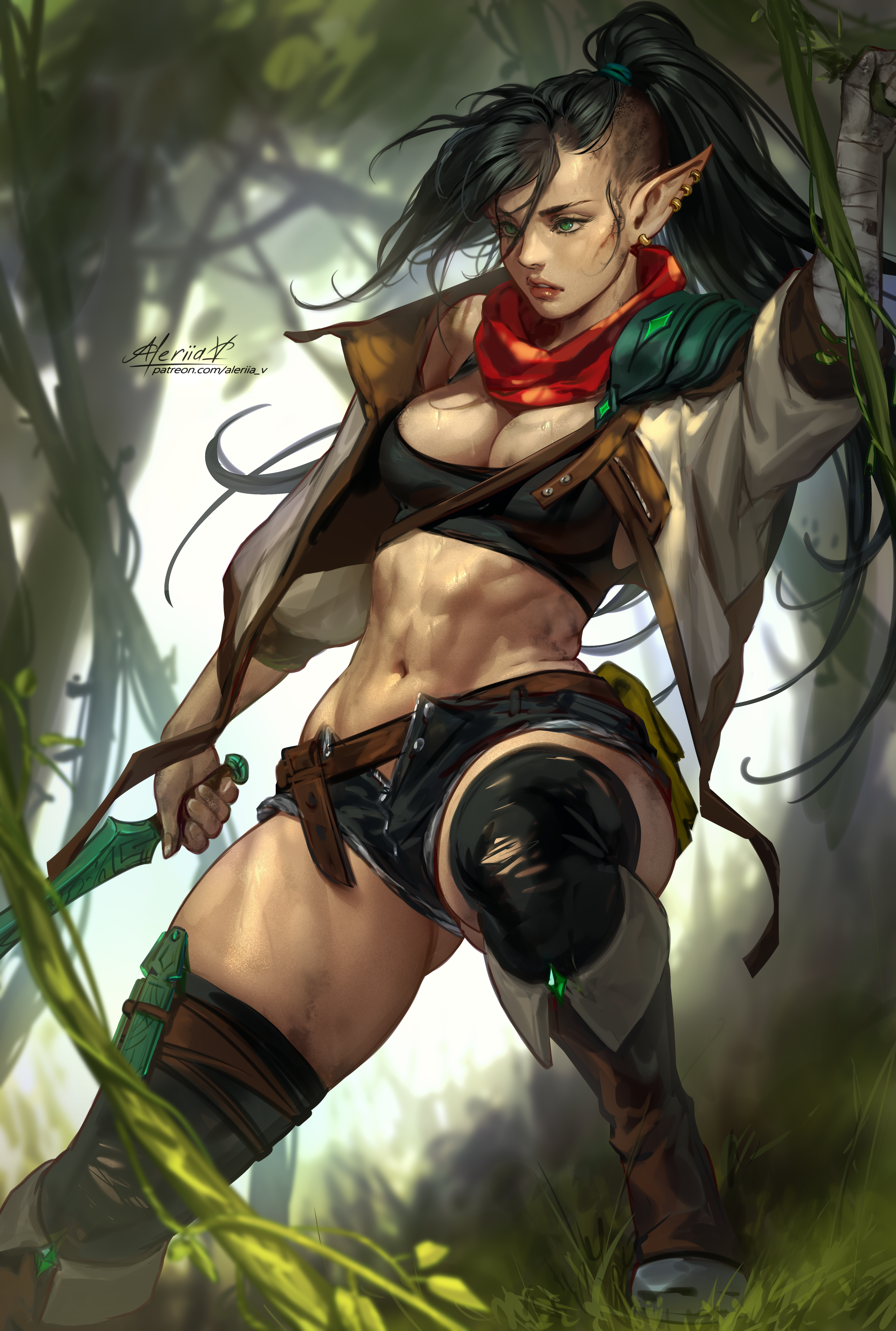 General 4175x6200 fantasy girl pointy ears side shave ponytail jungle artwork drawing Lera Pi original characters trees portrait display long hair looking away parted lips cleavage big boobs jean shorts kunai belt grass signature women outdoors vines fantasy art earring toned female weapon black hair blue eyes torn clothes