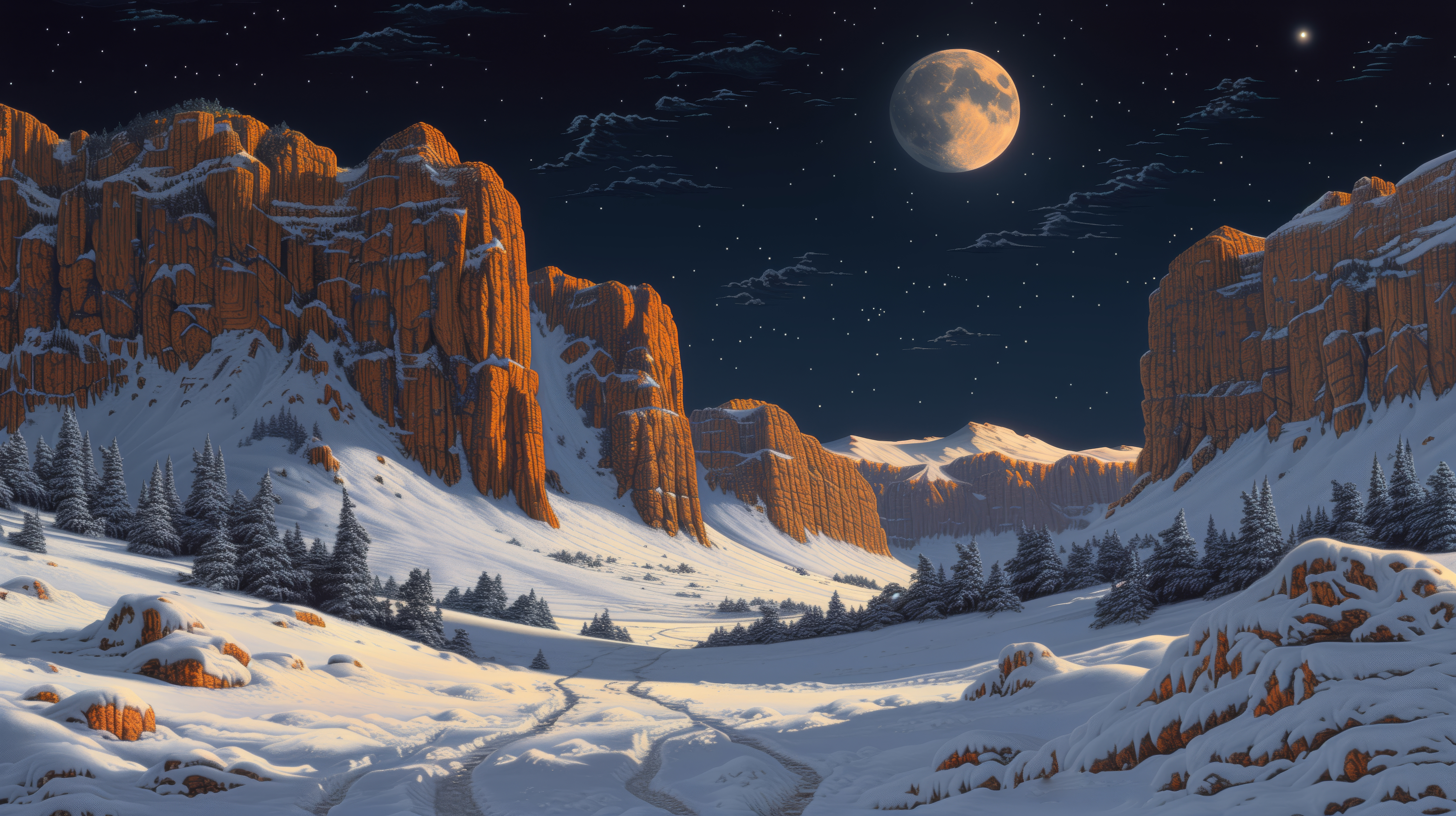 General 5824x3264 AI art illustration concept art snow winter Moon night mountains trees