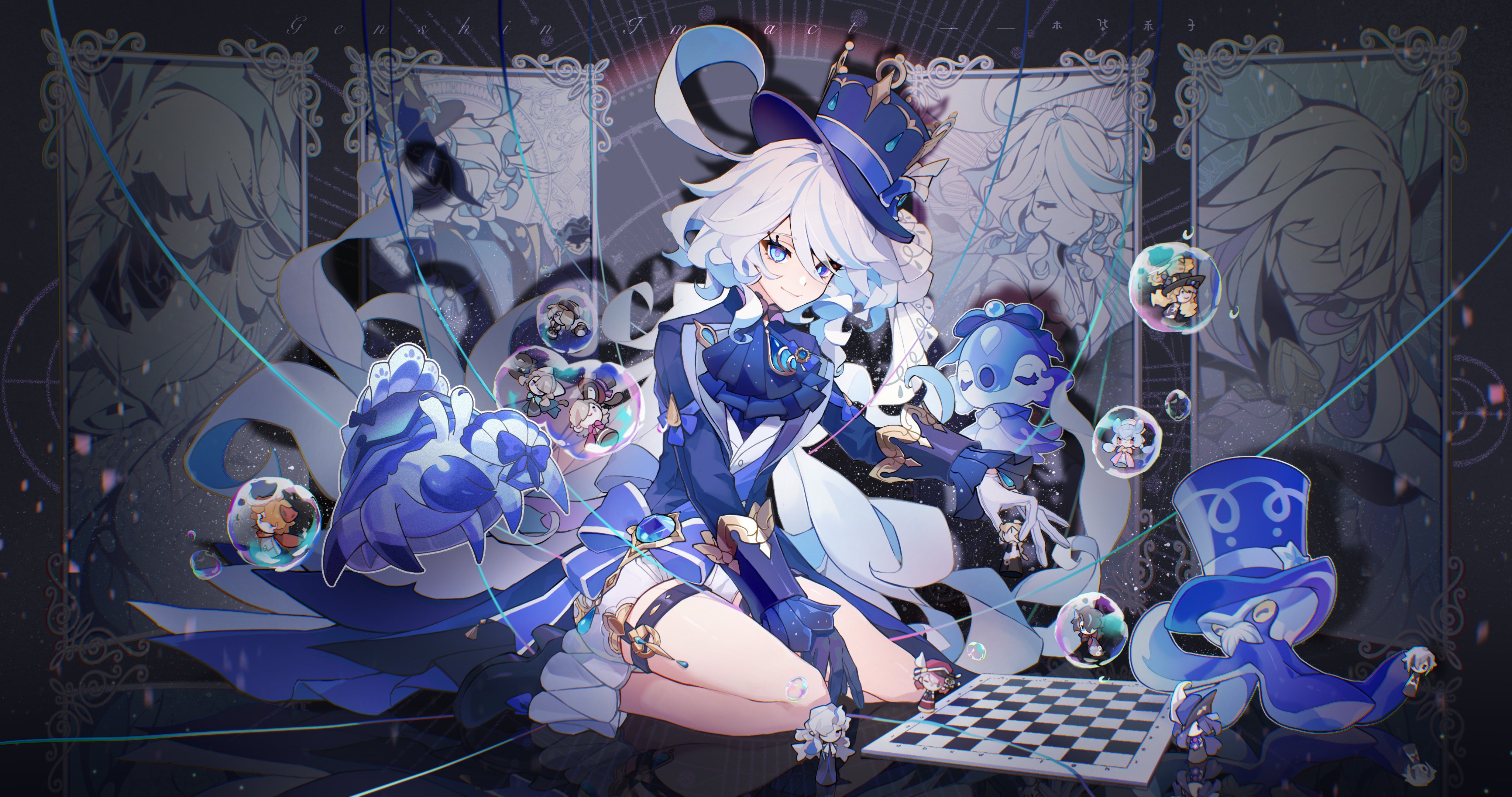 Anime 4096x2160 anime girls anime games Furina (Genshin Impact) Genshin Impact anime two tone hair blue hair heterochromia blue eyes closed mouth smiling looking at viewer kneeling hat women with hats gloves mismatched gloves chess crew socks legs Gentilhomme Usher Surintendante Chevalmarin Mademoiselle Crabaletta water drops reflection gemstones ascot tailcoat top hat