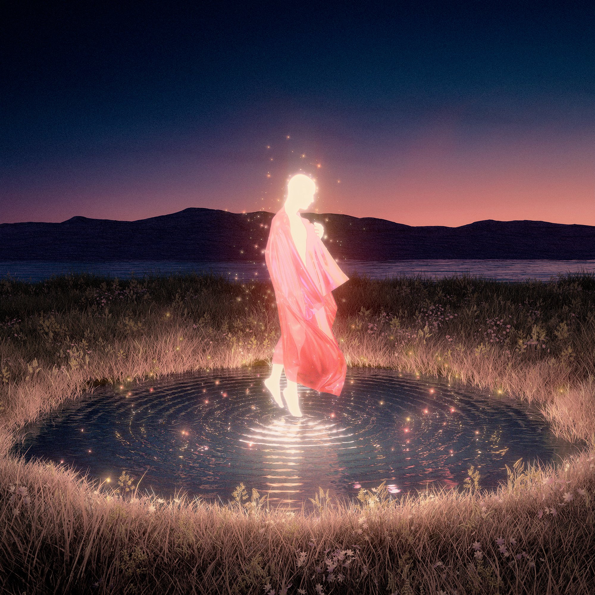General 2000x2000 Hayden Clay Williams digital art CGI floating pond grass glowing red clothing water flowers sunset sunset glow