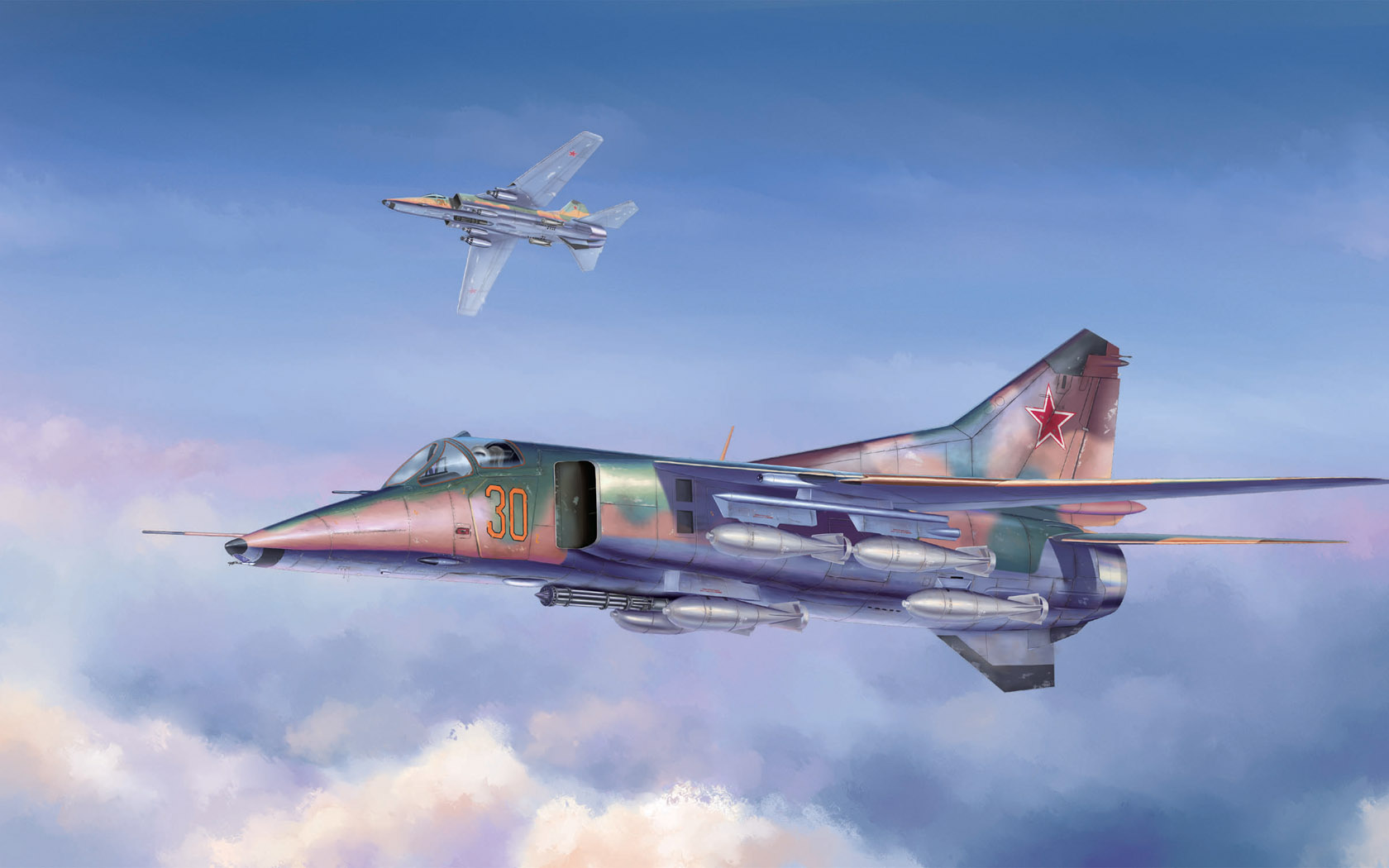 General 1680x1050 aircraft military flying Mikoyan MiG-27 military vehicle artwork clouds sky Russian Air Force Russian/Soviet aircraft Mikoyan-Gurevich