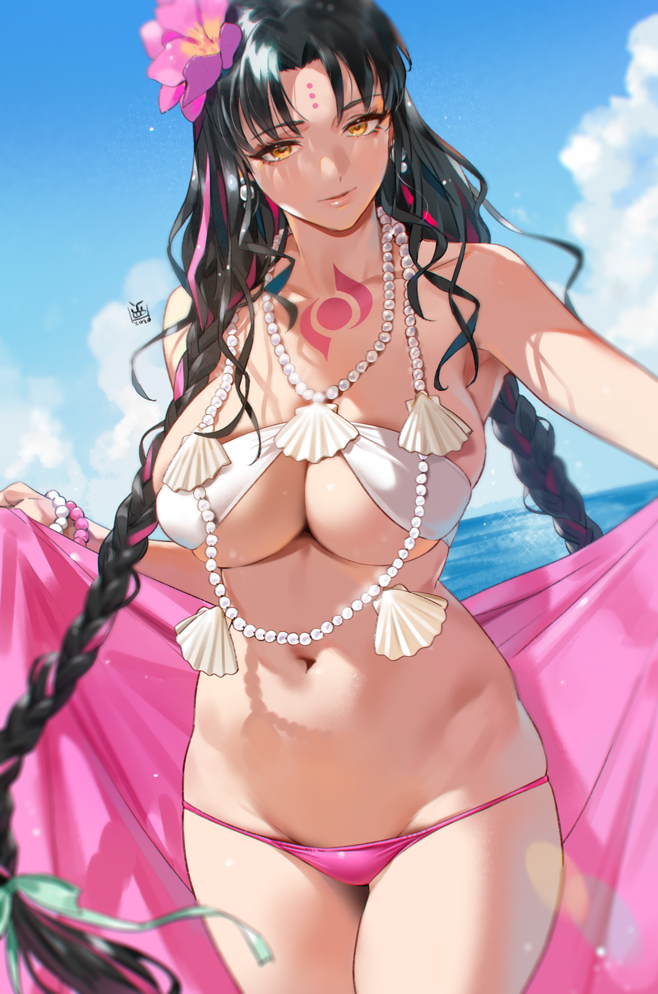 Anime 2183x3299 Fate/Extra anime girls swimwear bikini Sessyoin Kiara water black hair two tone hair twintails braids looking at viewer Orange Maru big boobs cleavage clear sky horizon yellow eyes belly belly button flower in hair flowers hair ornament sunlight clouds bracelets pearls armpits sky portrait display smiling