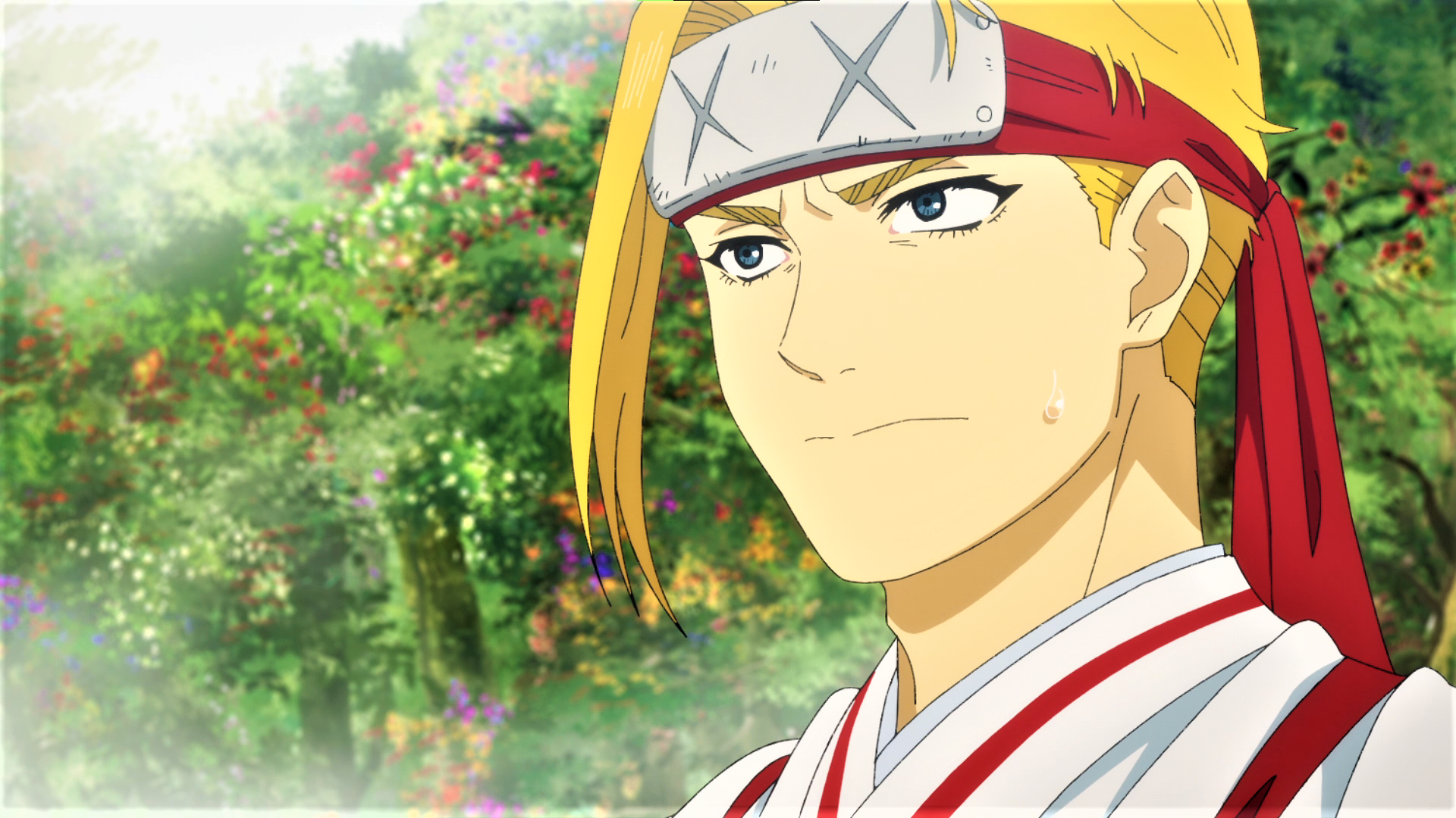 Anime 1920x1080 Hell's Paradise: Jigokuraku Yamada Asaemon Tenza headband blonde sweat anime Anime screenshot anime boys nature trees