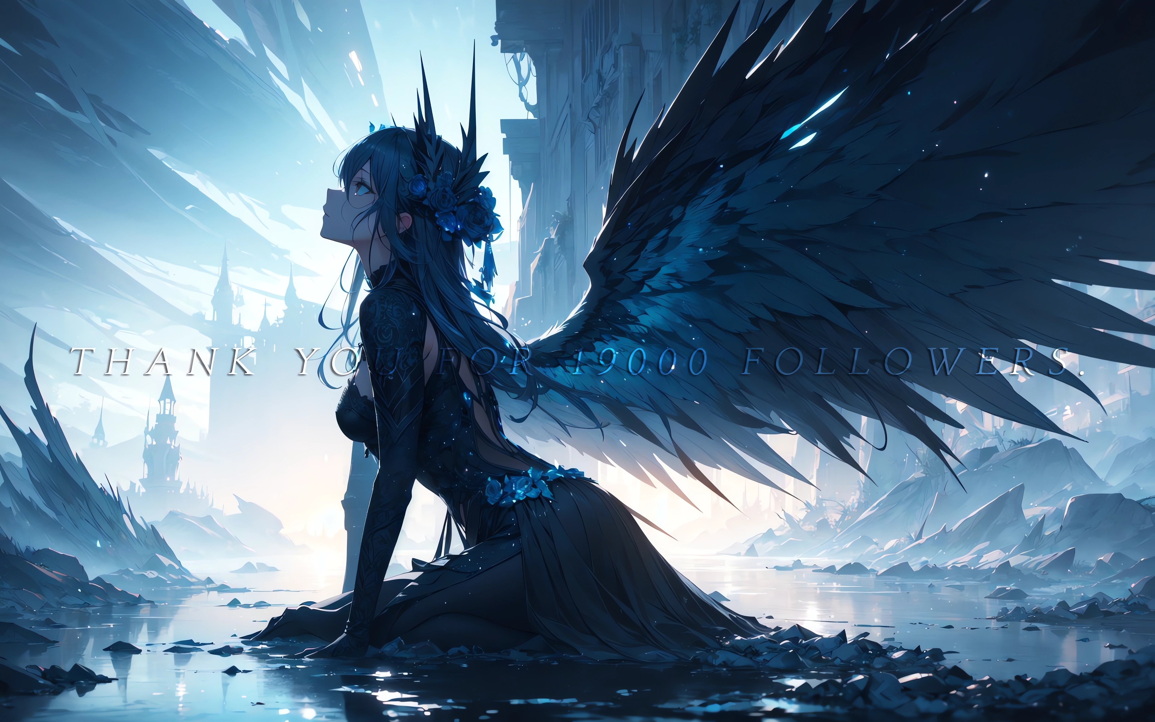 Anime 3840x2400 anime anime girls wings looking up sky clouds water dress long hair castle building flower in hair AI art