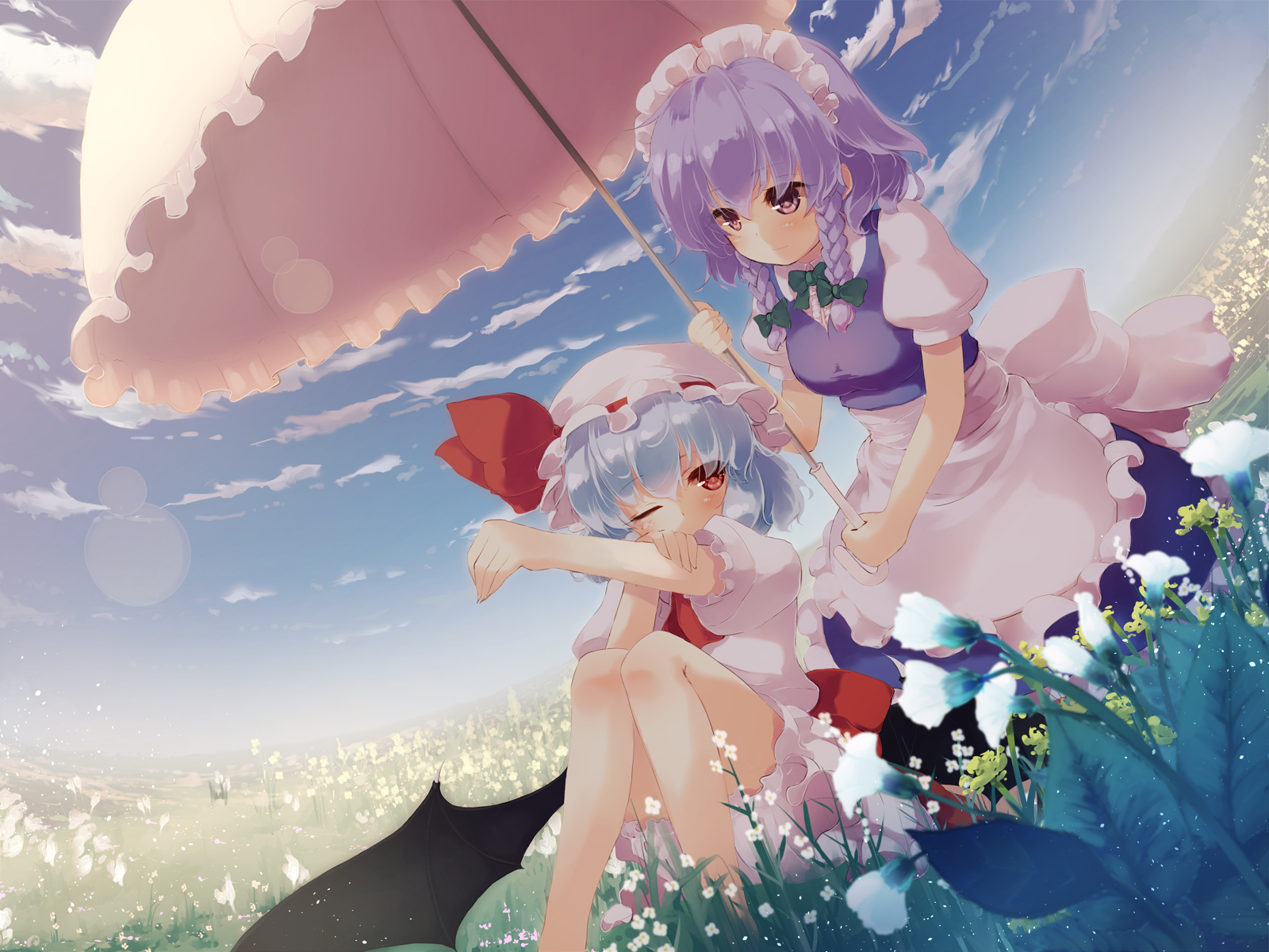 Anime 1600x1200 anime anime girls Remilia Scarlet Touhou Izayoi Sakuya umbrella sunlight flowers sky clouds maid maid outfit braids bow tie one eye closed wings leaves