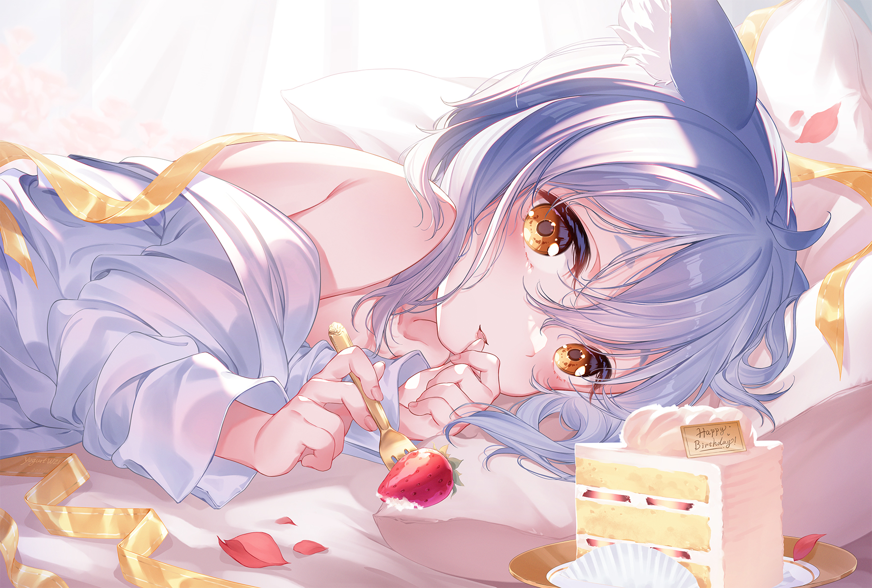 Anime 1778x1200 anime anime girls lying on front sweets cake strawberries looking at viewer blushing short hair animal ears petals fork fruit