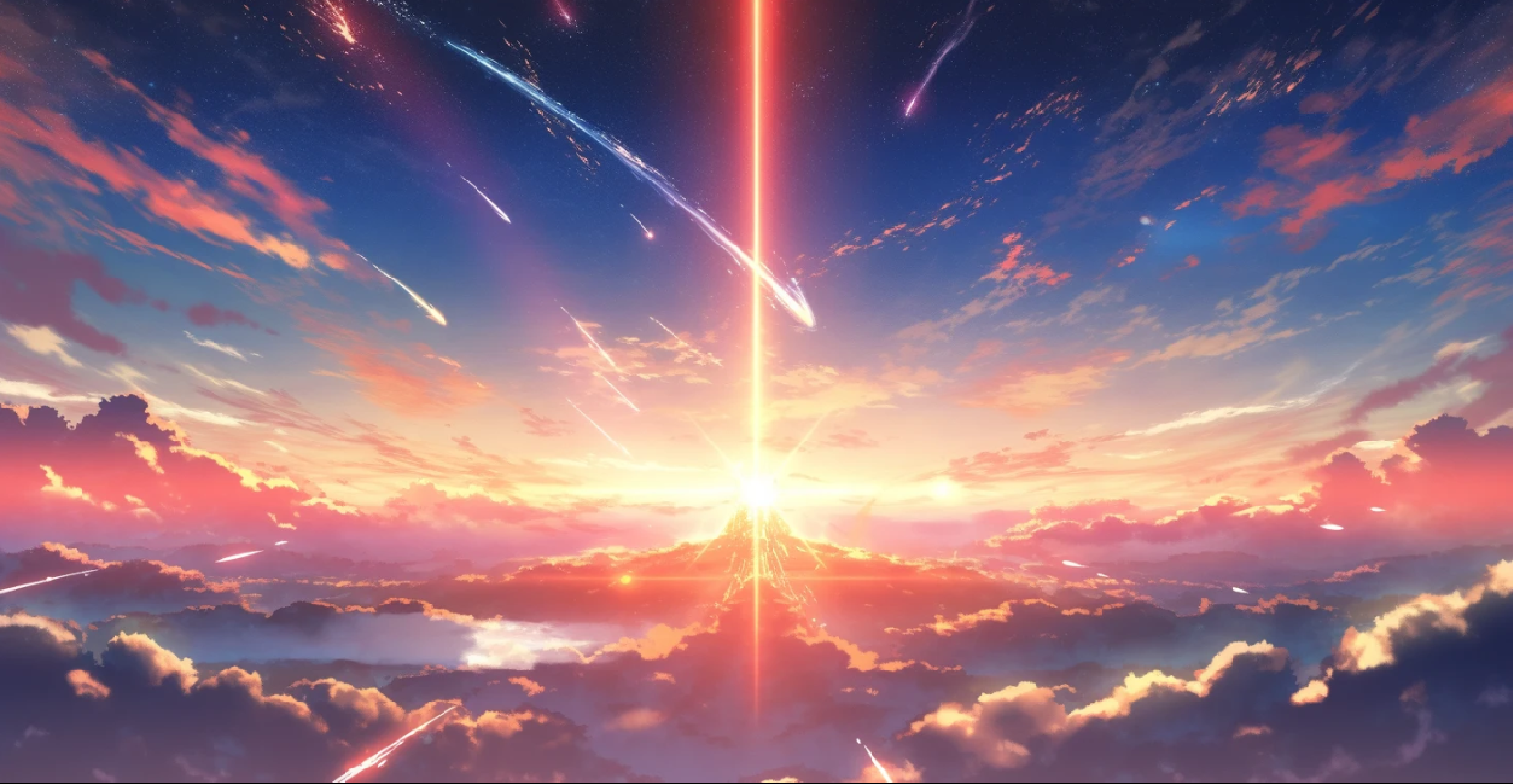 Anime 1559x808 landscape clouds meteor streak sky sunset sunset glow Anime screenshot