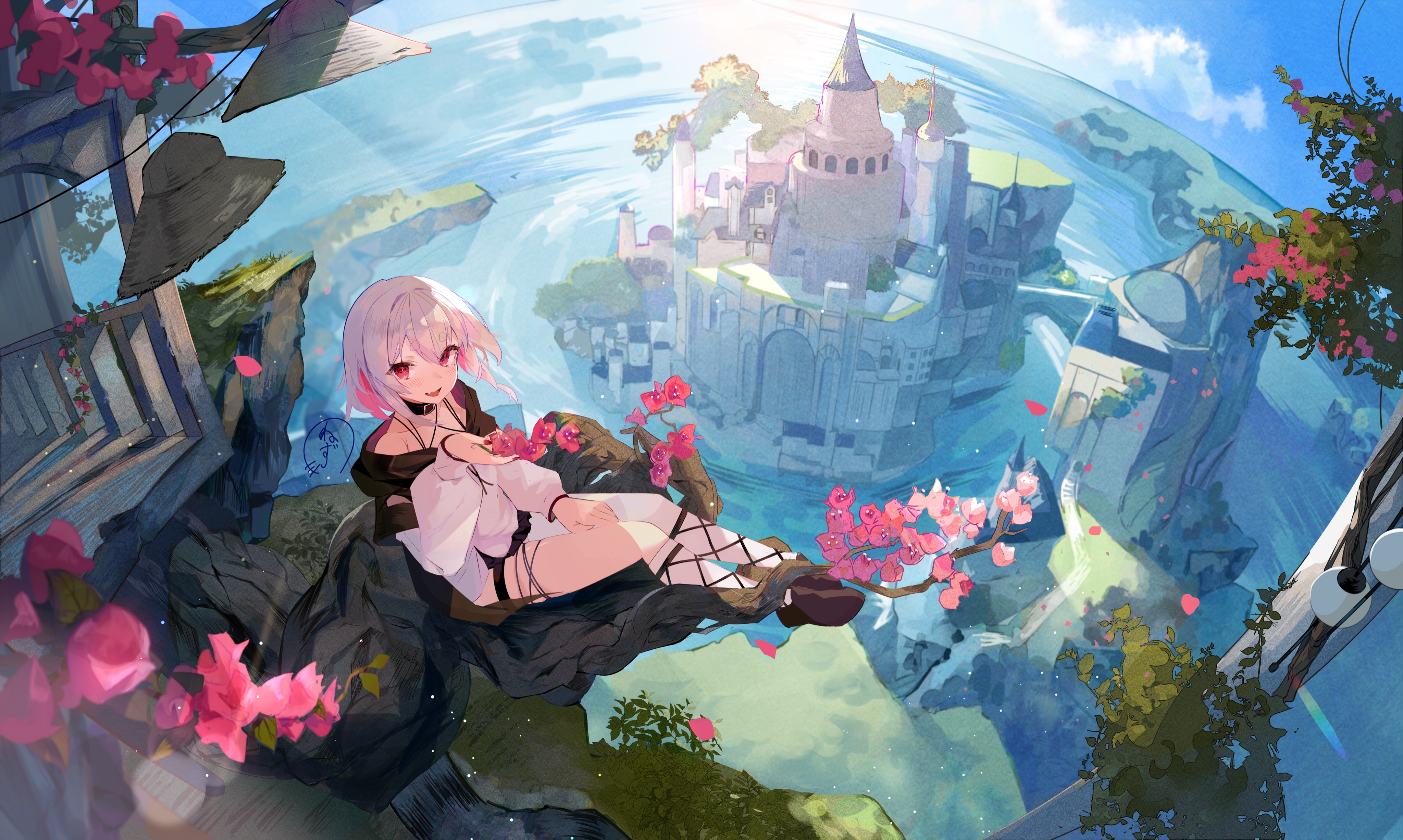 Anime 4096x2454 anime girls fantasy architecture looking at viewer flowers water clouds castle sitting petals hat