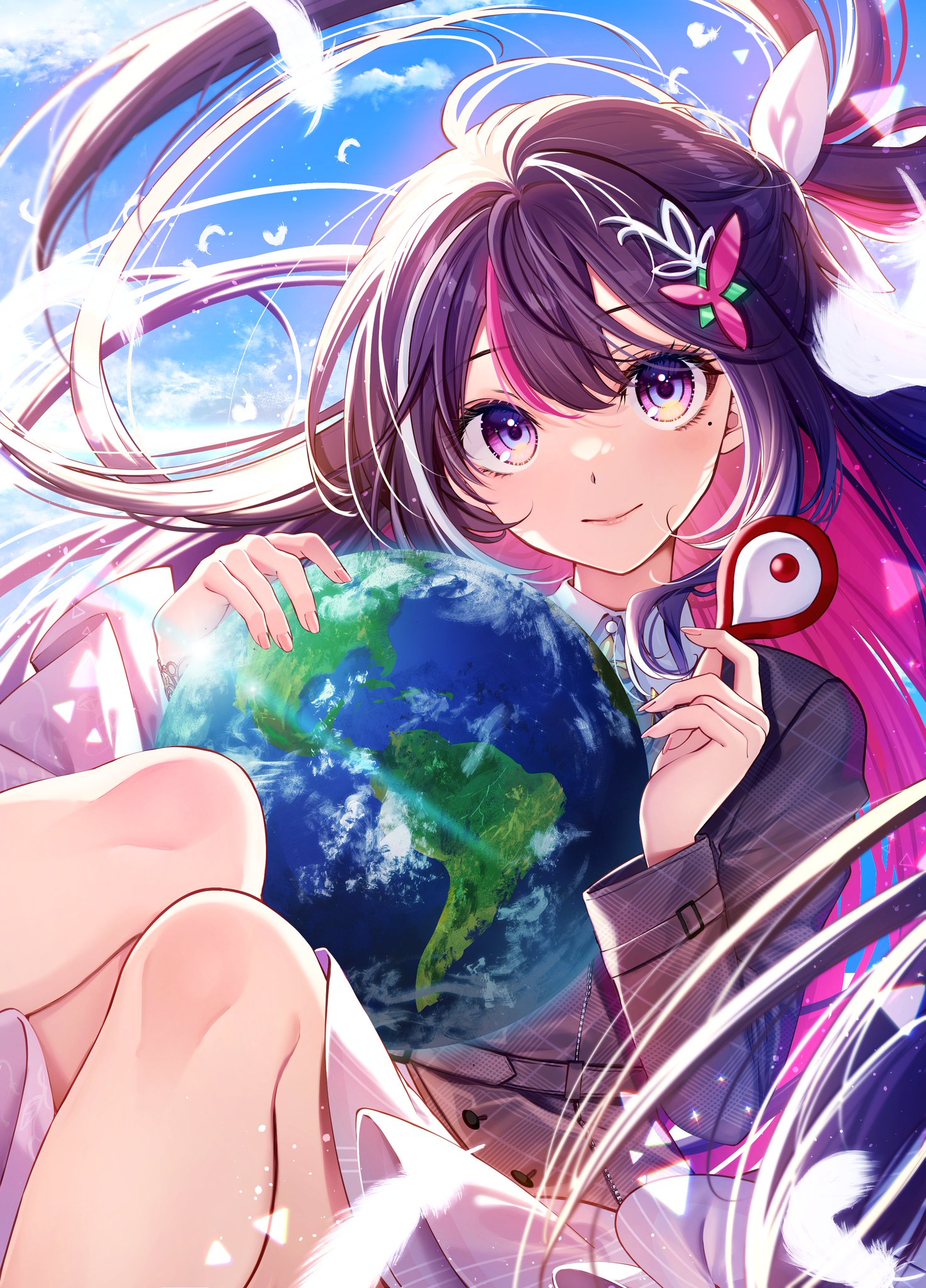 Anime 1473x2048 anime anime girls planet multi-colored hair long hair looking at viewer portrait display feathers two tone hair Earth mole under eye clouds moles