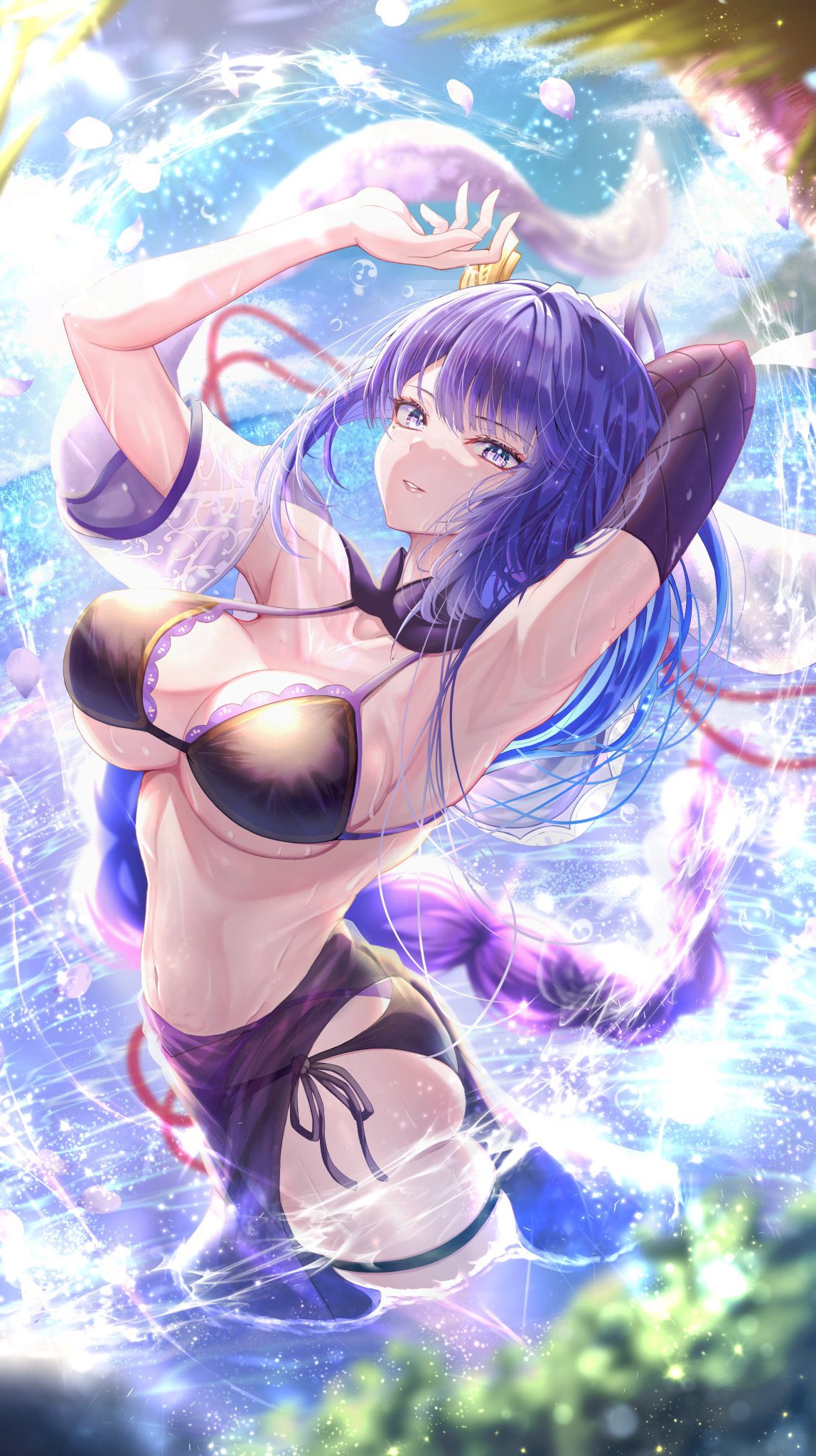 Anime 1148x2048 Genshin Impact water Raiden Shogun (Genshin Impact) standing in water bikini black bikinis belly button belly looking at viewer arms up big boobs cleavage purple hair purple eyes moles mole under eye leaves trees detached sleeves braids petals clouds hair ornament wet body wet swimsuit armpits sarong sky