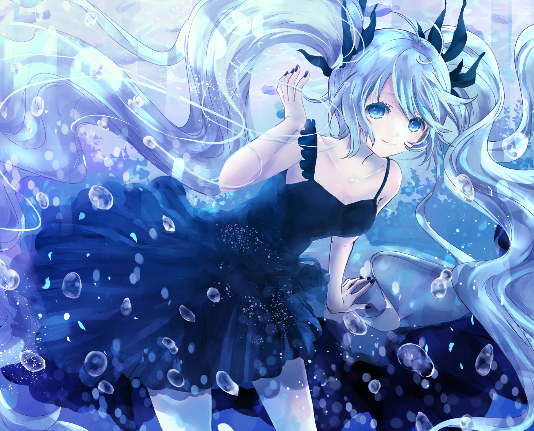 Anime 1840x1485 Hatsune Miku anime Vocaloid anime girls twintails long hair blue hair blue eyes dress looking at viewer smiling water underwater bubbles