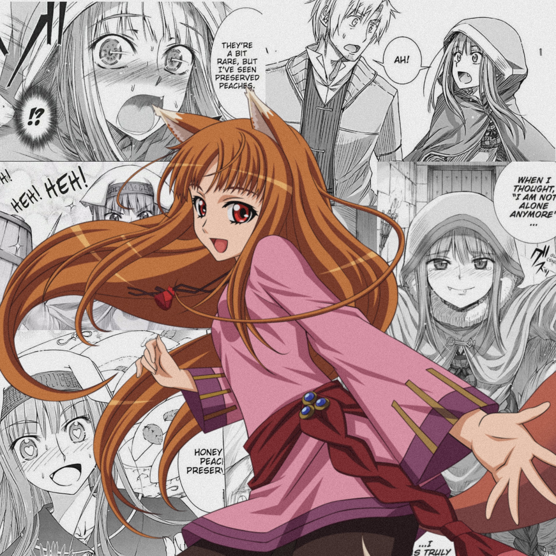 Anime 2289x2289 Spice and Wolf long hair anime girls Holo (Spice and Wolf) wolf girls smiling Japanese Art manga blushing text looking at viewer necklace red eyes redhead arms reaching wolf ears heart eyes