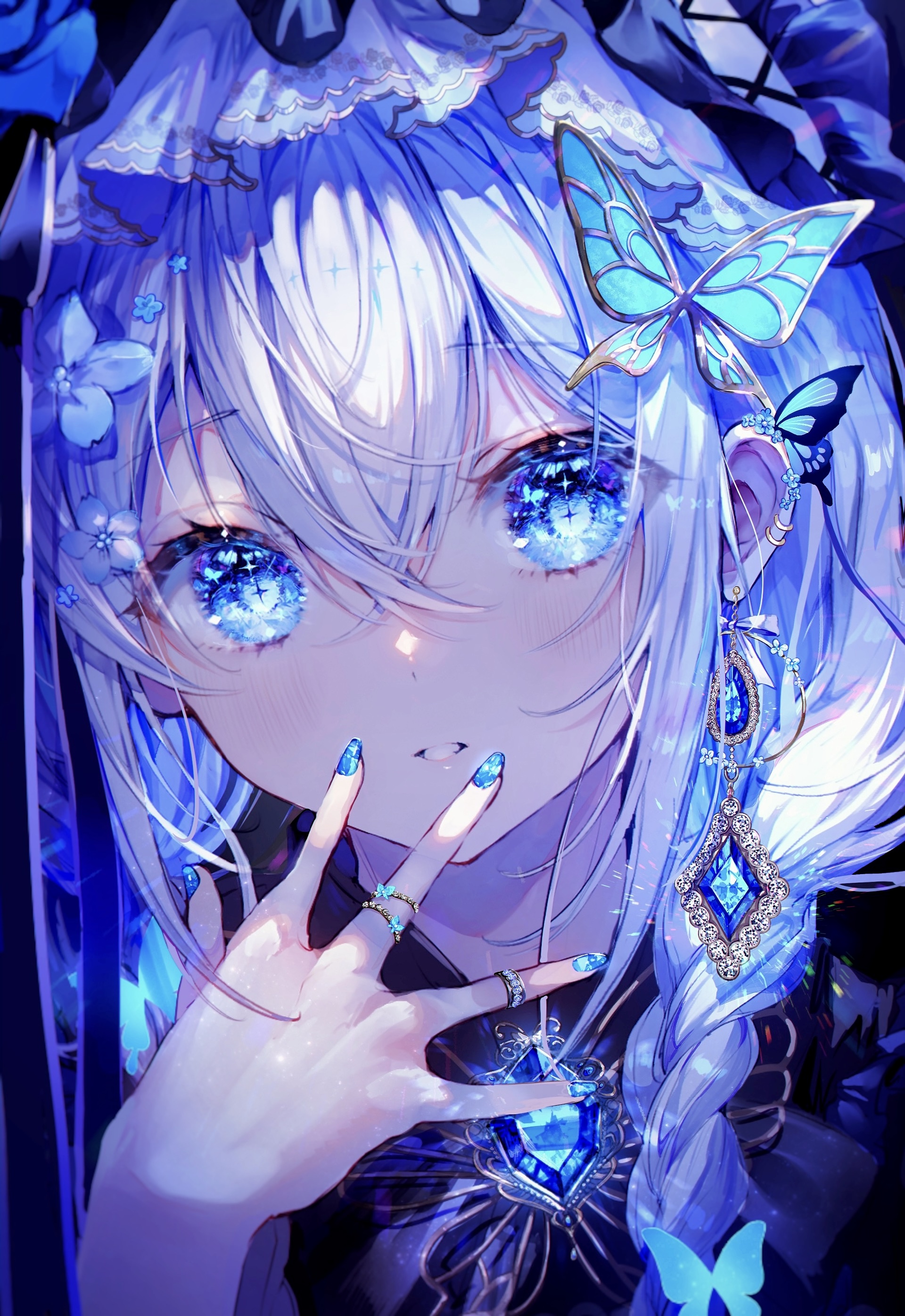 Anime 1920x2791 anime anime girls portrait display earring blue hair blue eyes star eyes looking at viewer long hair butterfly rings