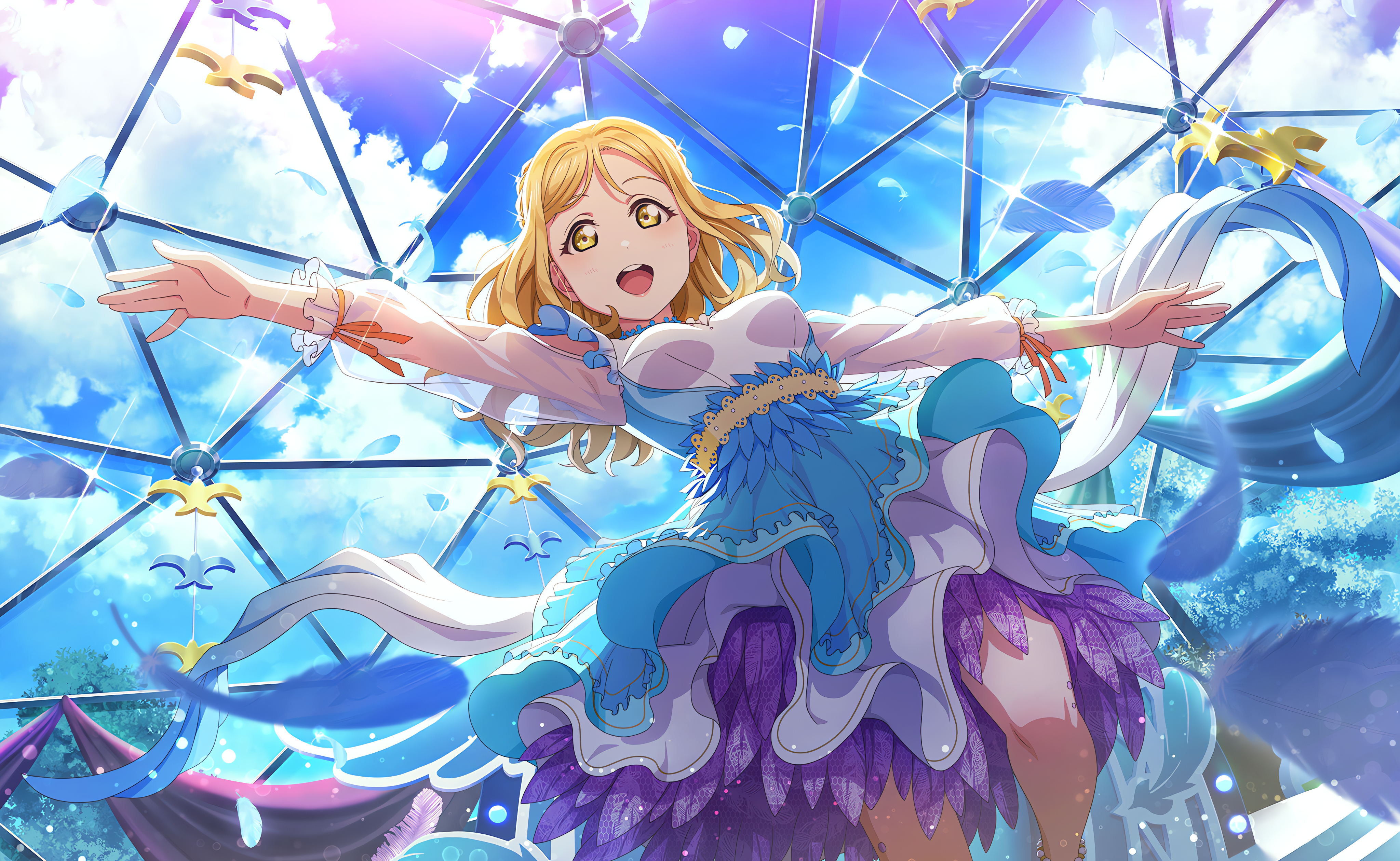 Anime 4096x2520 Ohara Mari Love Live! Love Live! Sunshine sky anime anime girls looking at viewer uniform blonde yellow eyes clouds feathers open mouth sunlight low-angle sparkles