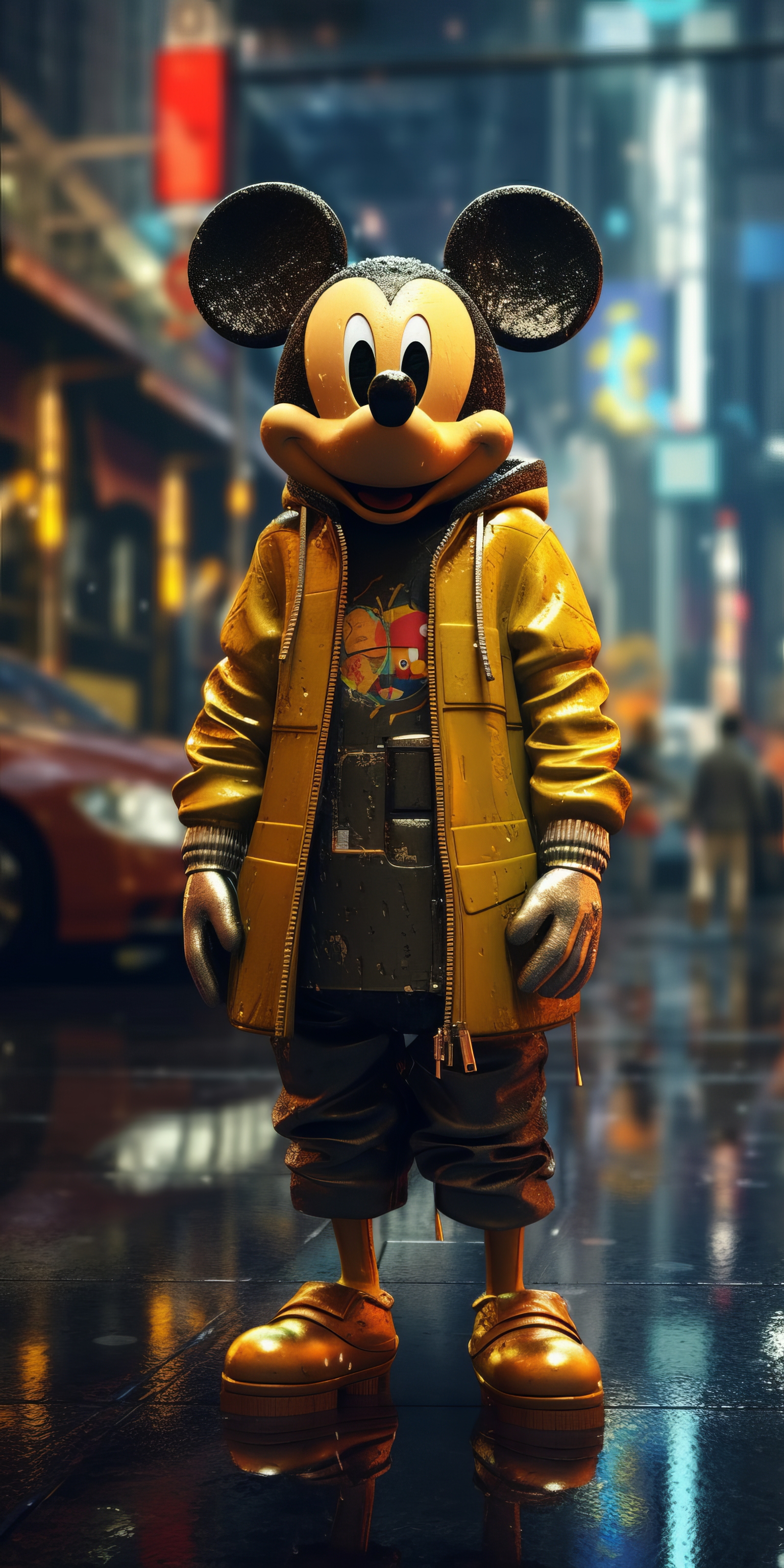 General 1536x3072 AI art portrait display illustration yellow Mickey Mouse cyberpunk looking at viewer reflection city