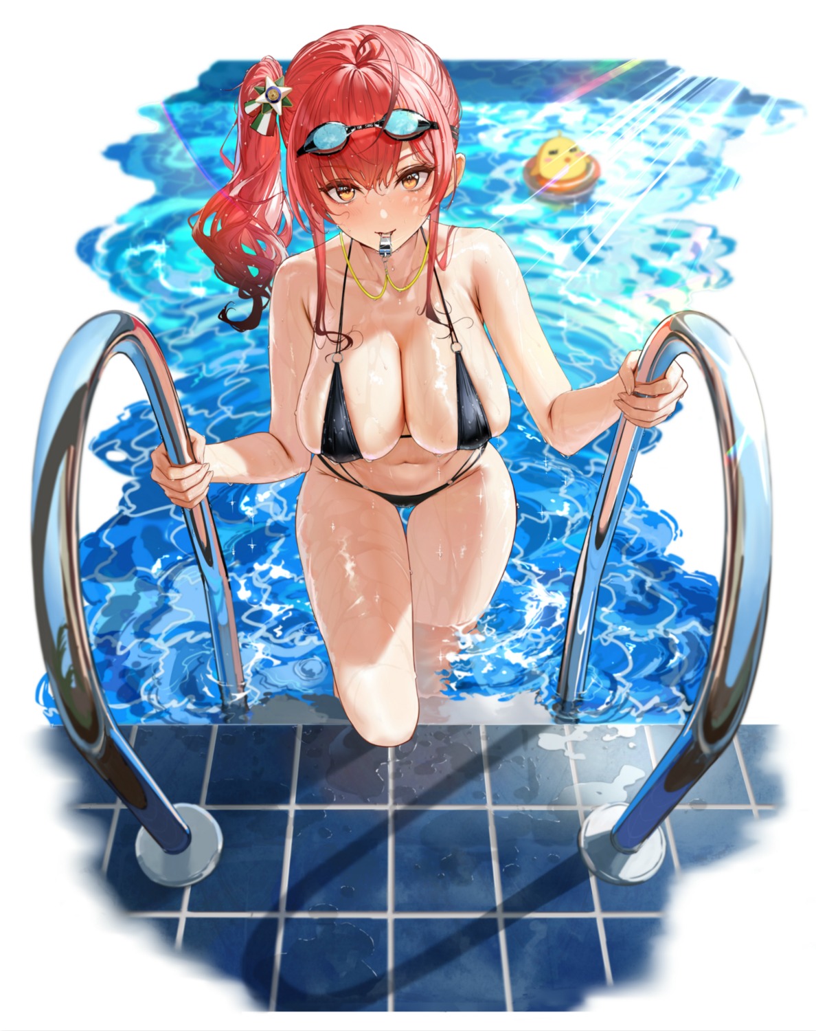 Anime 1188x1500 Azur Lane portrait display zara (poolside coincidence) Manjuu (Azur Lane) water anime girls black bikinis bikini looking at viewer standing in water wet wet body Side ponytail redhead swimming pool swimwear wet swimsuit huge breasts cleavage swimming goggles blushing welding goggles goggles climbing stairs whistle transparent background simple background belly belly button sunlight Yunsang orange eyes ripples puddle tiles