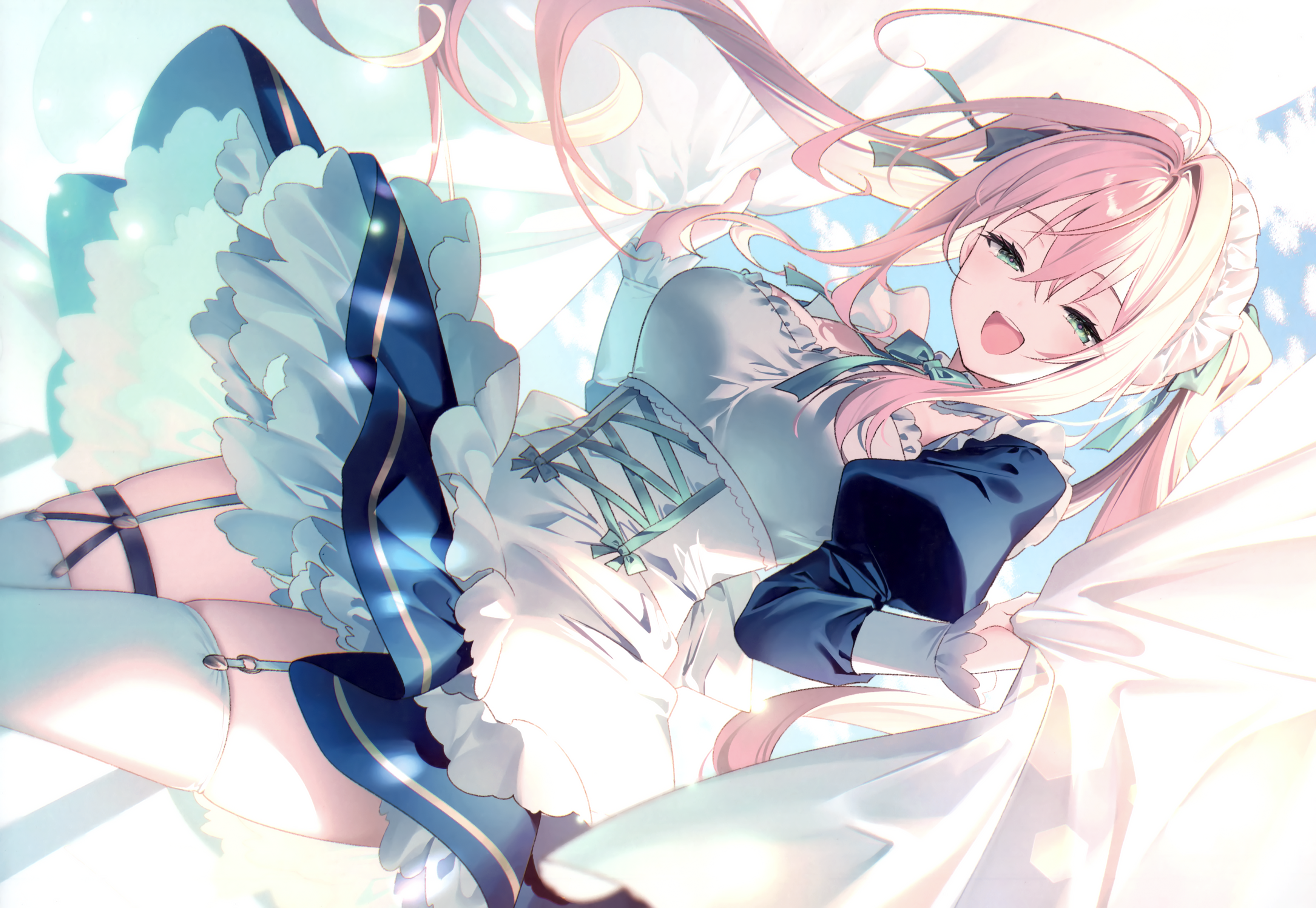 Anime 3485x2405 anime anime girls dress looking at viewer twintails long hair stockings garter straps open mouth sky clouds