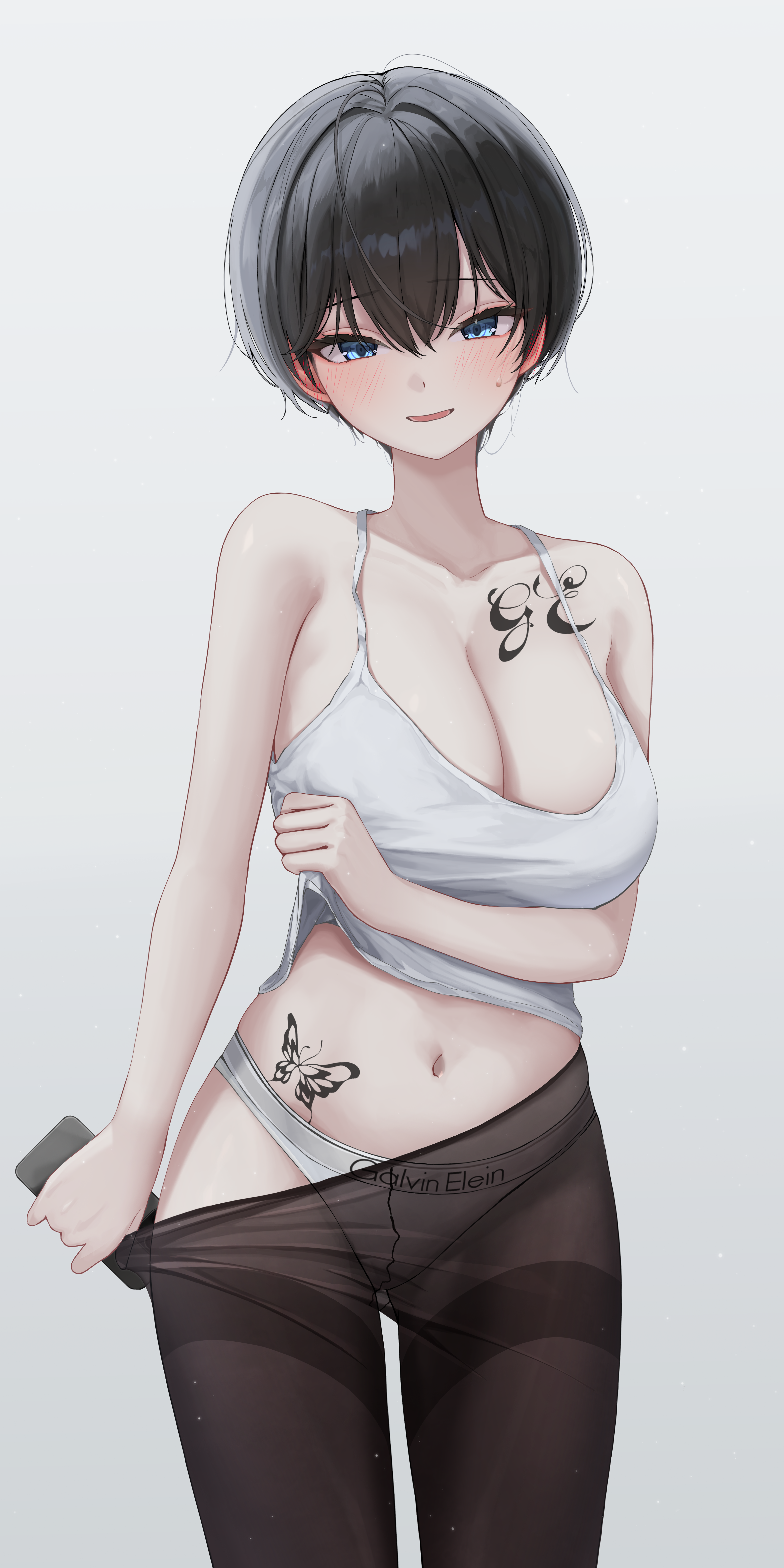 Anime 4000x8000 anime anime girls simple background black hair blue eyes tank top pantyhose cleavage big boobs tattoo short hair panties portrait display belly belly button blushing minimalism white background pulling clothing butterfly phone