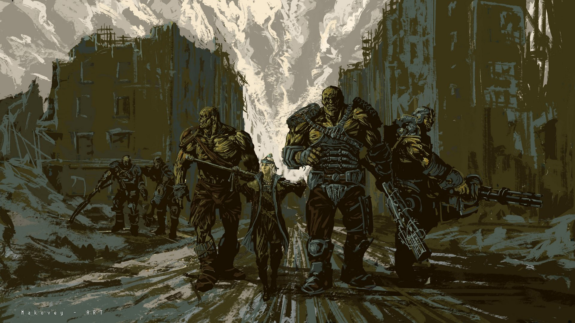 General 1920x1080 Fallout: New Vegas Super Mutant clouds building ruins gun muscles men