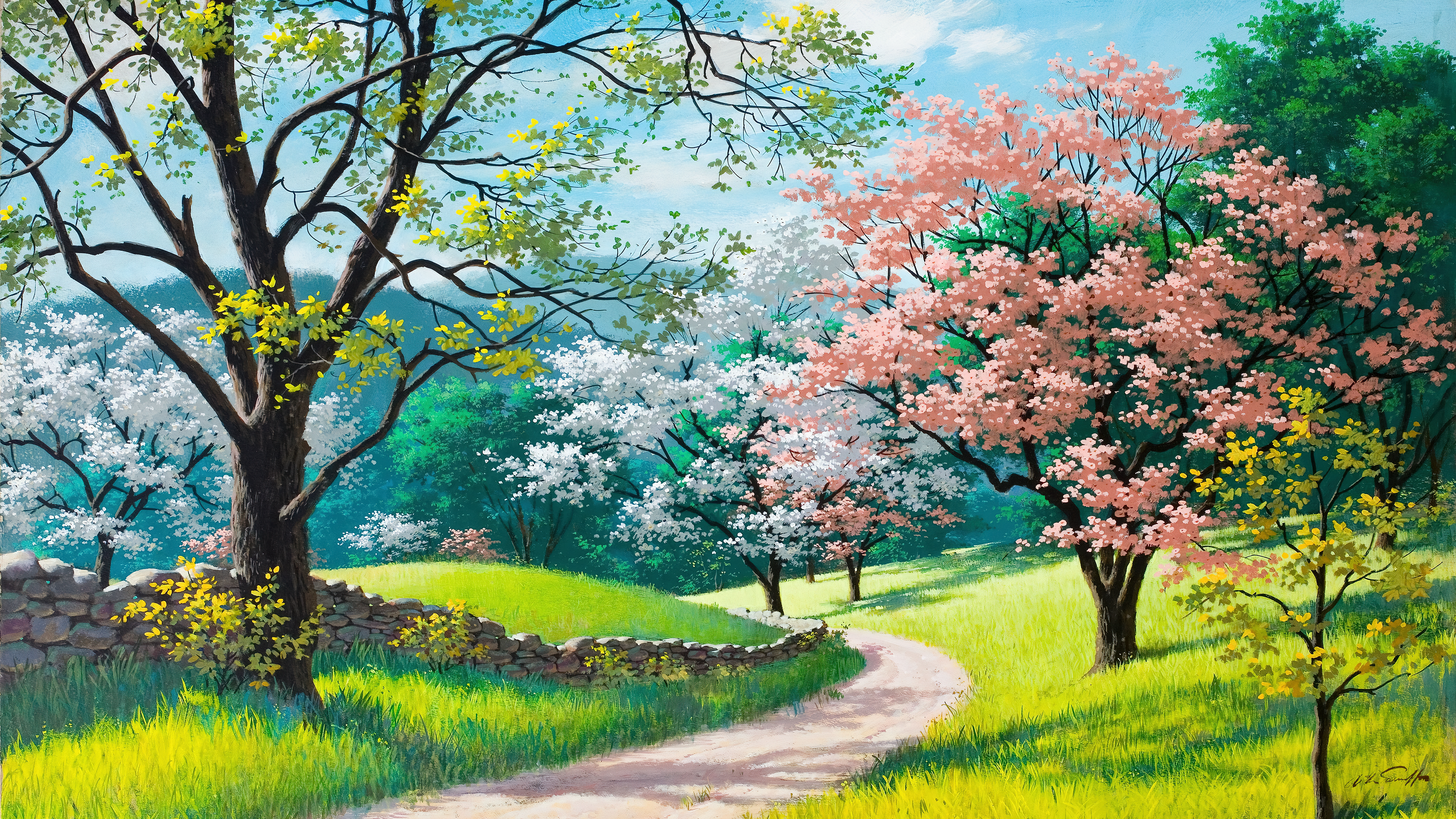 General 3840x2160 digital art fantasy art nature blossoms trees dirt road field branch spring path grass