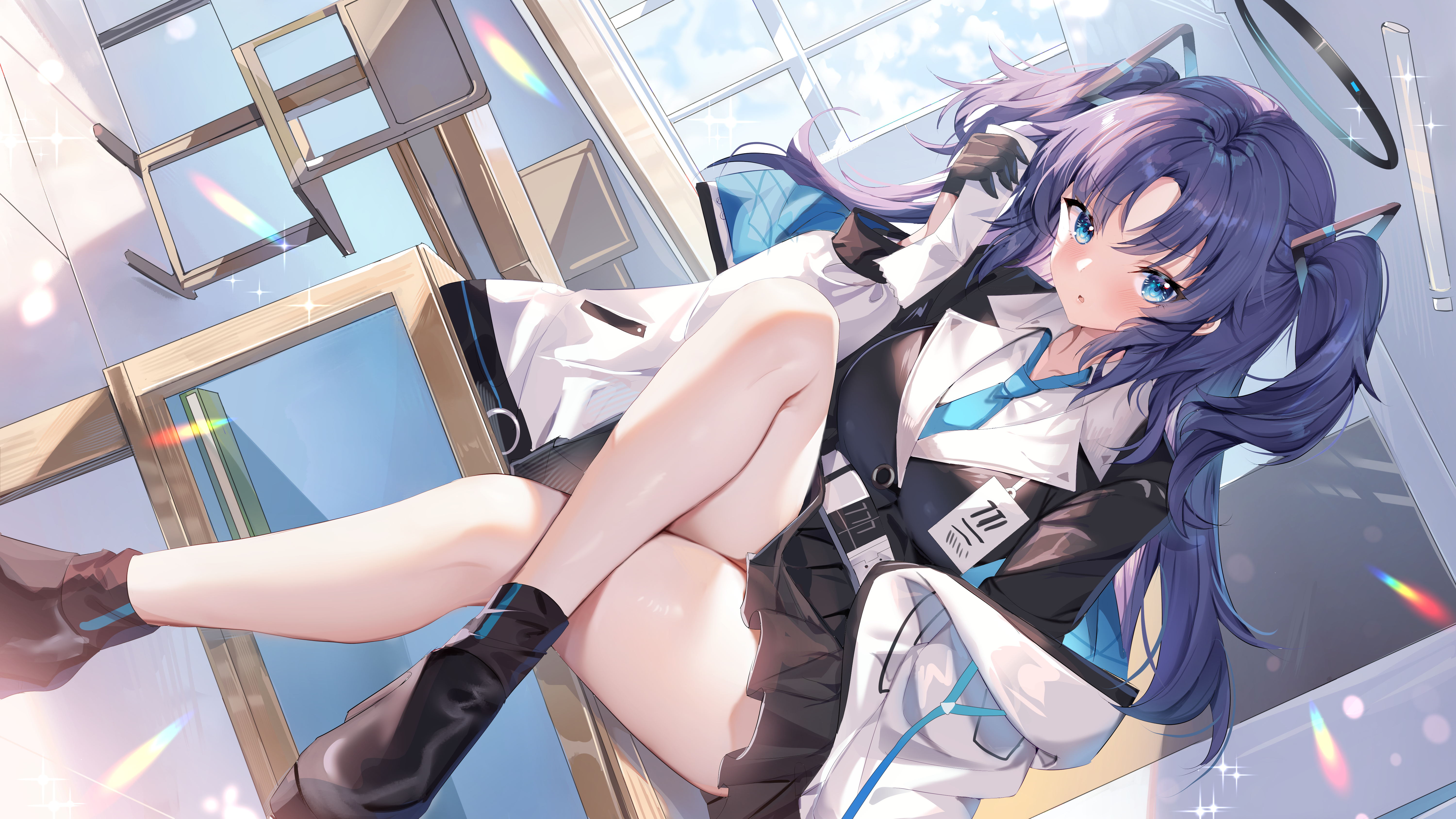 Anime 6000x3376 Pixiv anime anime girls long hair Blue Archive halo sitting legs crossed desk school uniform schoolgirl legs blushing looking at viewer stars gloves classroom window clouds twintails