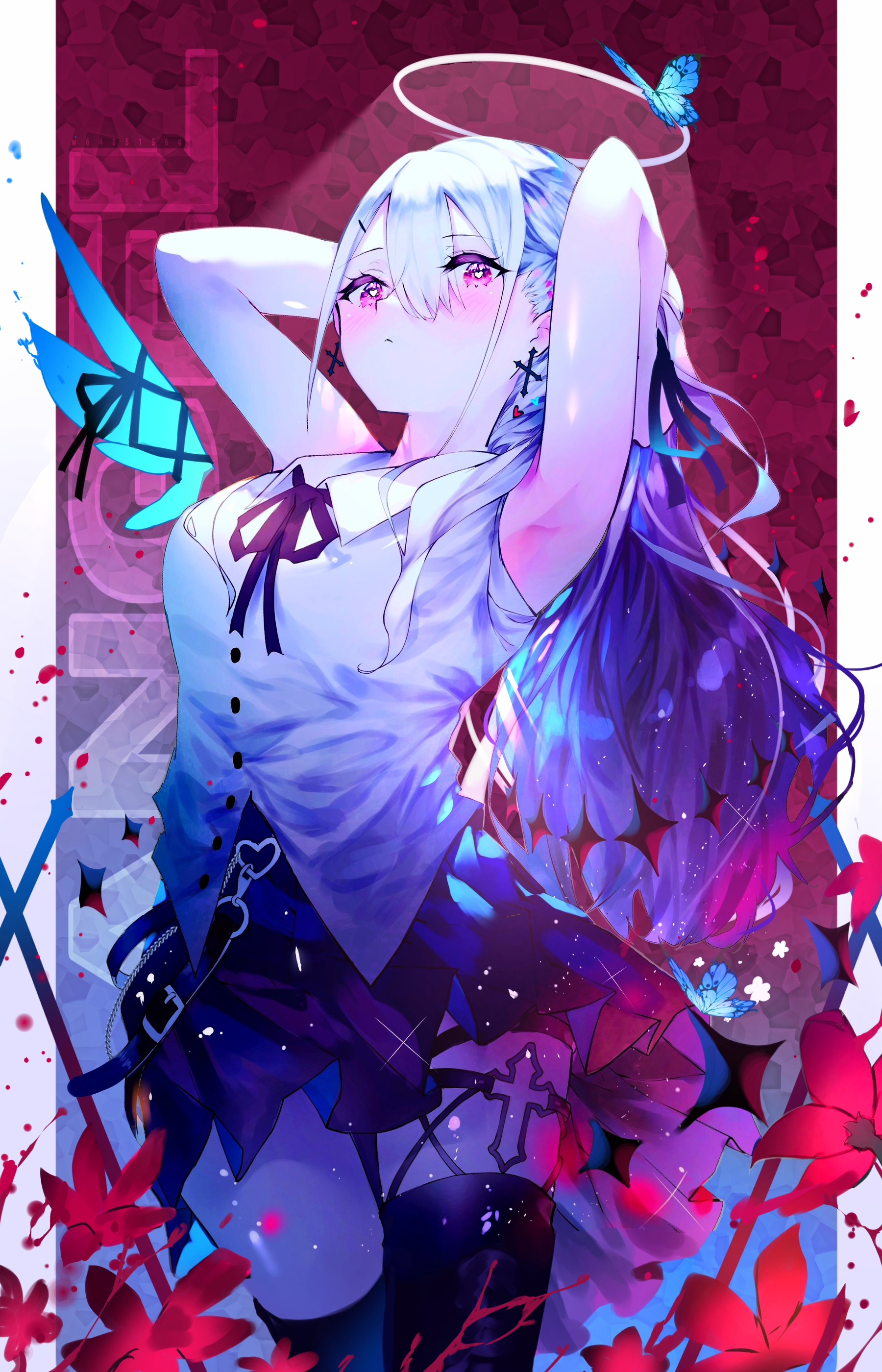 Anime 1800x2800 W (artist) Pixiv portrait display anime girls halo long hair blushing stockings looking at viewer flowers armpits heart eyes butterfly insect schoolgirl school uniform