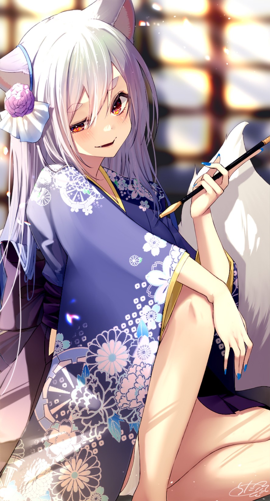 Anime 887x1646 Pixiv anime anime girls portrait display fox girl fox ears fox tail looking at viewer blushing paint brushes signature