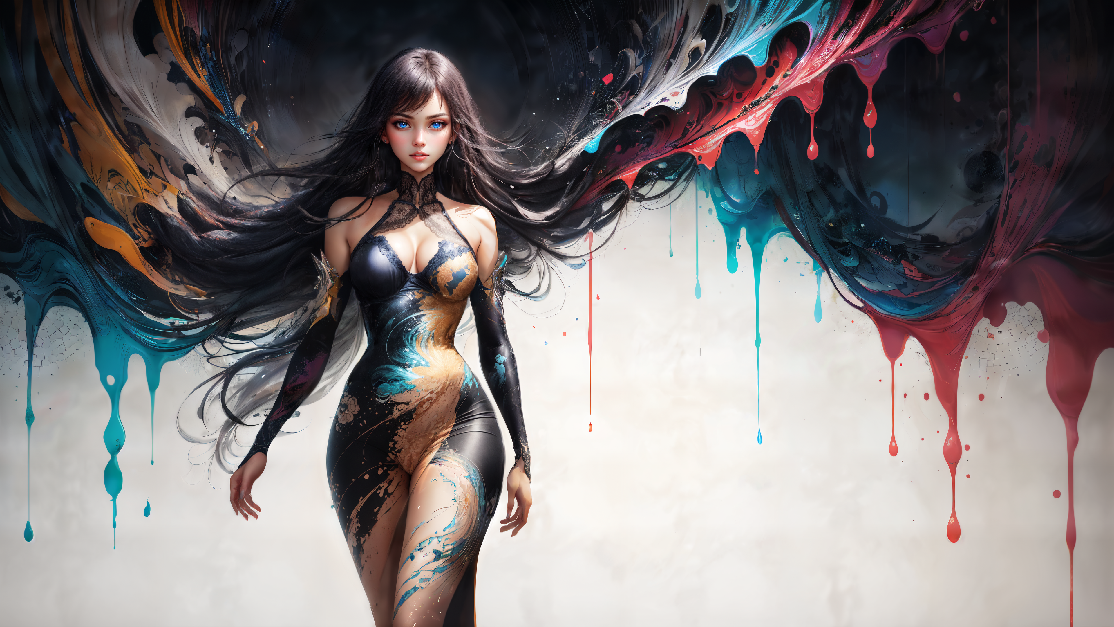 General 3840x2160 AI art women long hair blue eyes abstract body paint colorful digital art paint splatter paint splash surreal curvy 4K Stable Diffusion photopea DeviantArt standing looking at viewer simple background minimalism cleavage