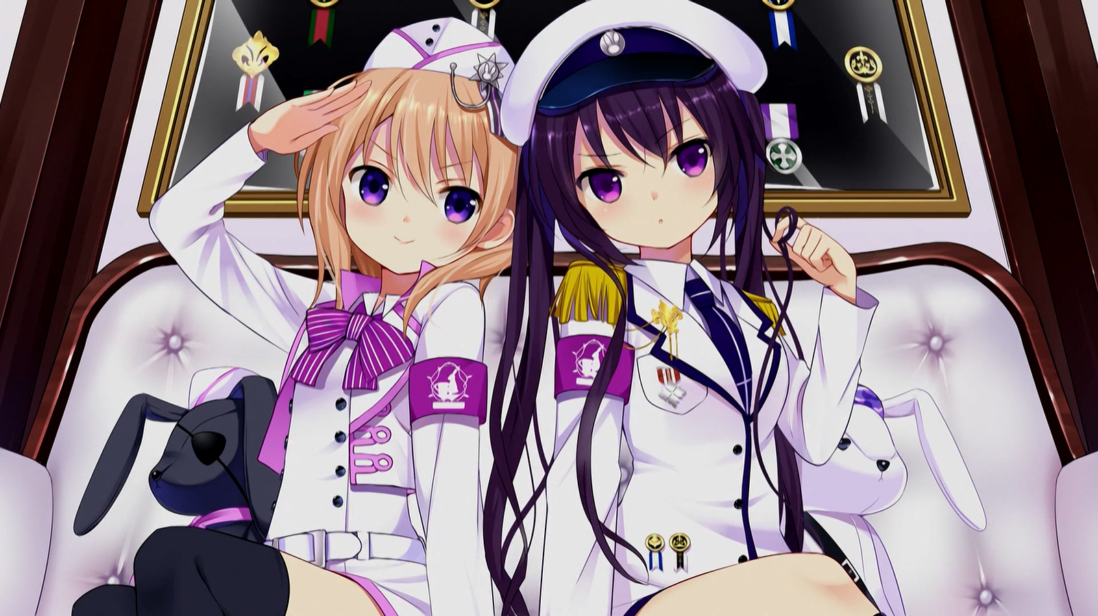 Anime 1602x900 anime anime girls Gochuumon wa Usagi Desu ka? sailor uniform hat bow tie uniform smiling looking at viewer blushing long hair sitting salute Medals twintails plush toy