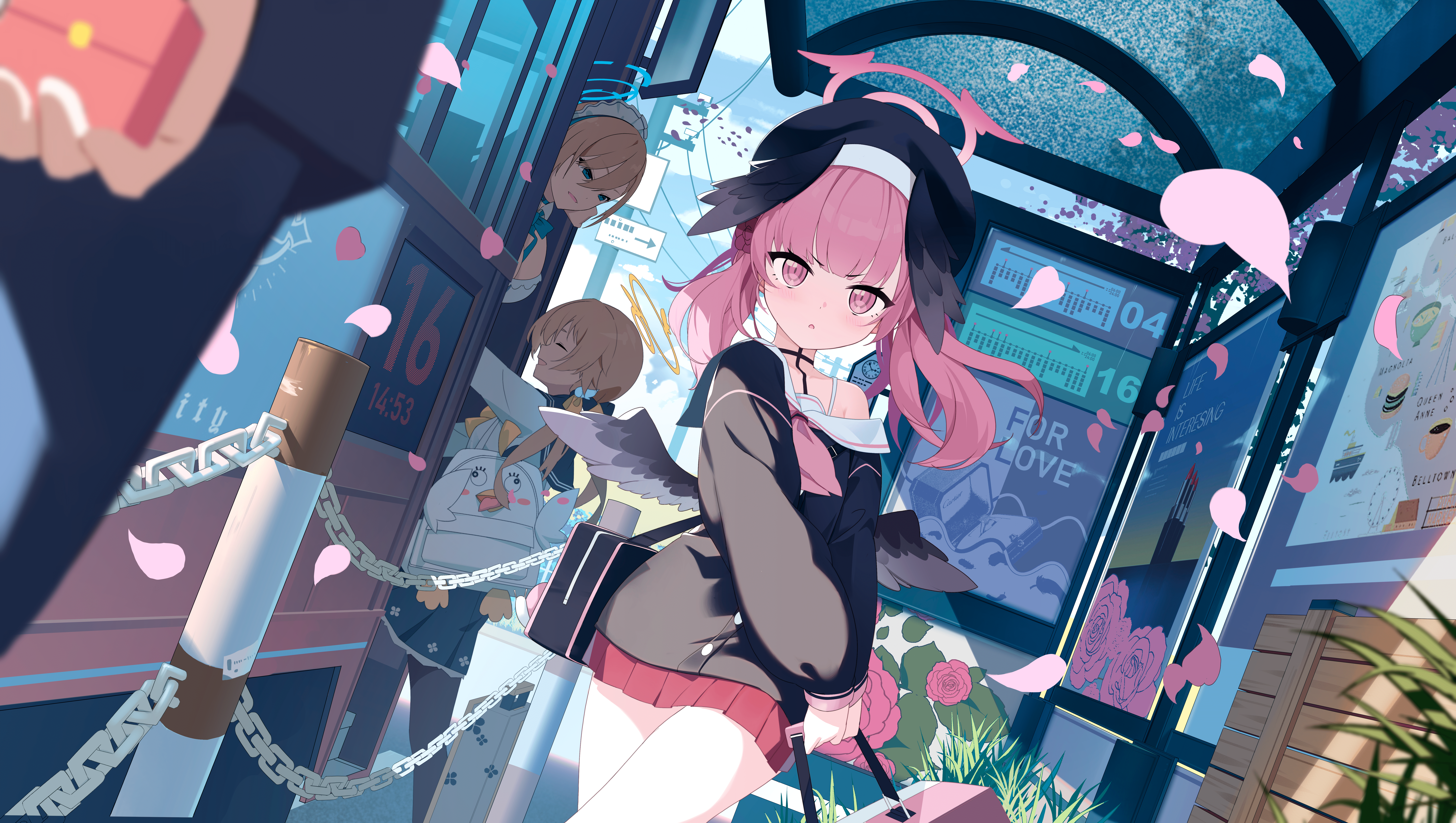 Anime 8648x4890 anime anime girls wings petals looking at viewer pink hair pink eyes blushing rose leaves backpacks loli Blue Archive