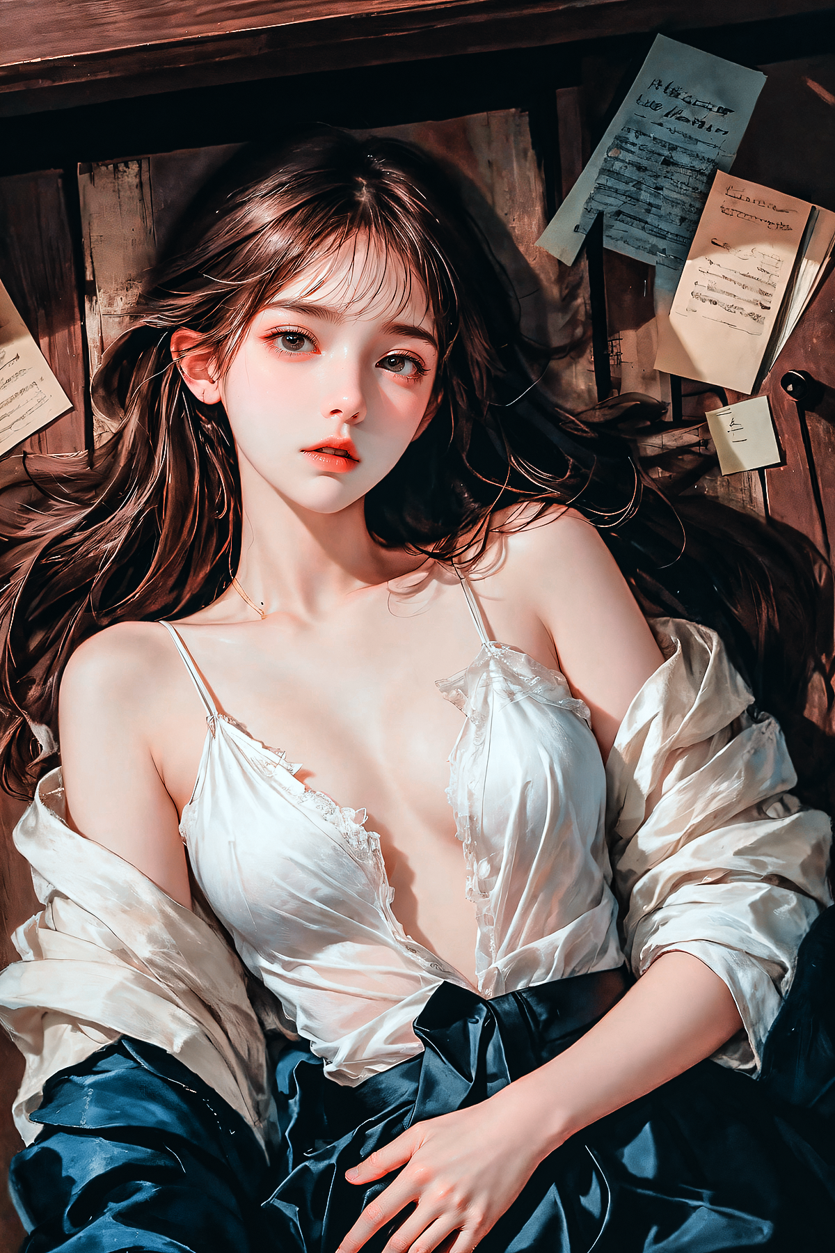 General 1200x1800 AI art women digital art middle ages painting slim belly illustration Asian artwork small boobs samak portrait display looking at viewer long hair lying down lying on back