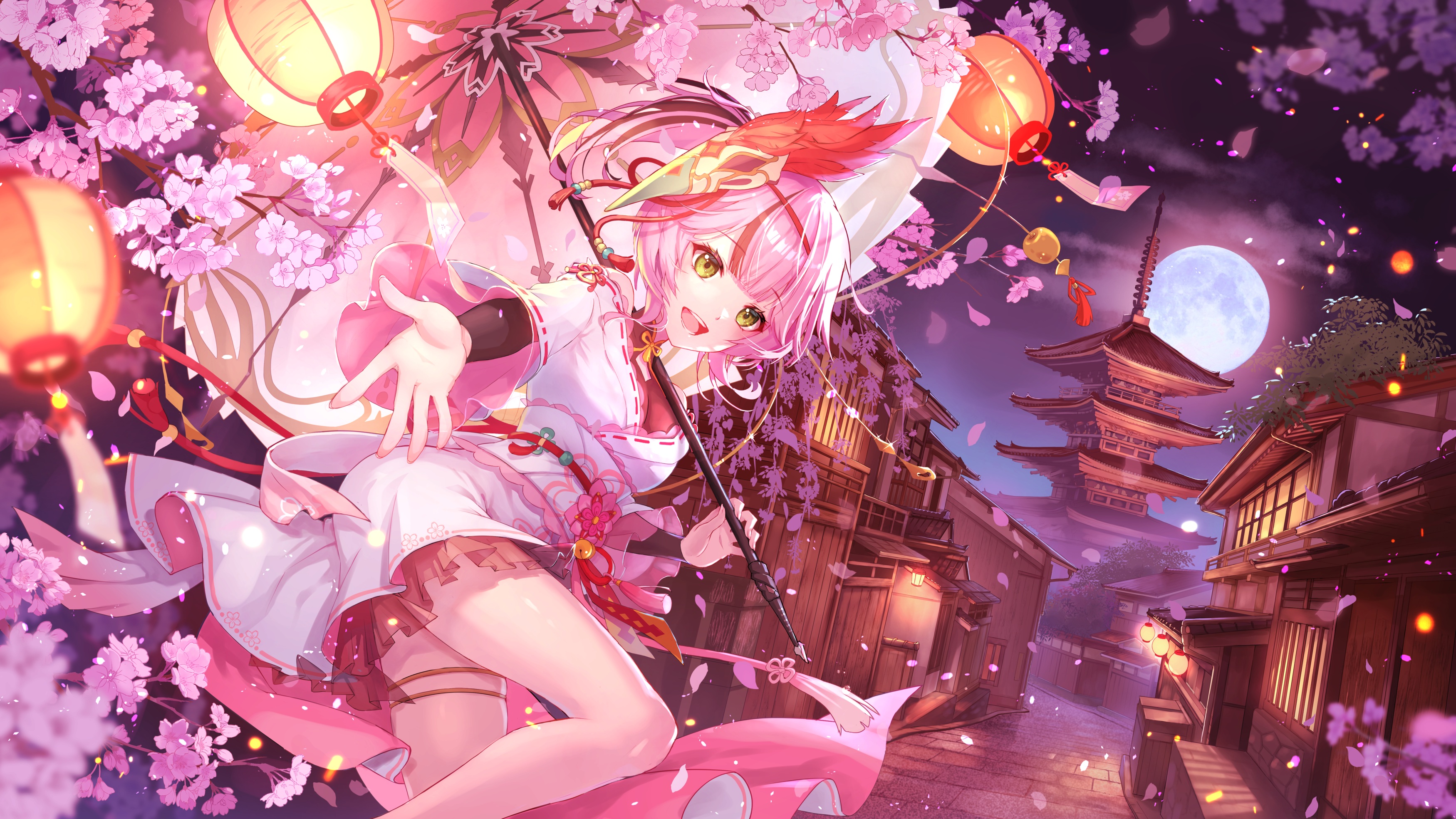 Anime 3500x1969 anime anime girls umbrella arms reaching petals leaves building Moon night sky lantern looking at viewer digital art pink hair open mouth green eyes flowers thighs legs