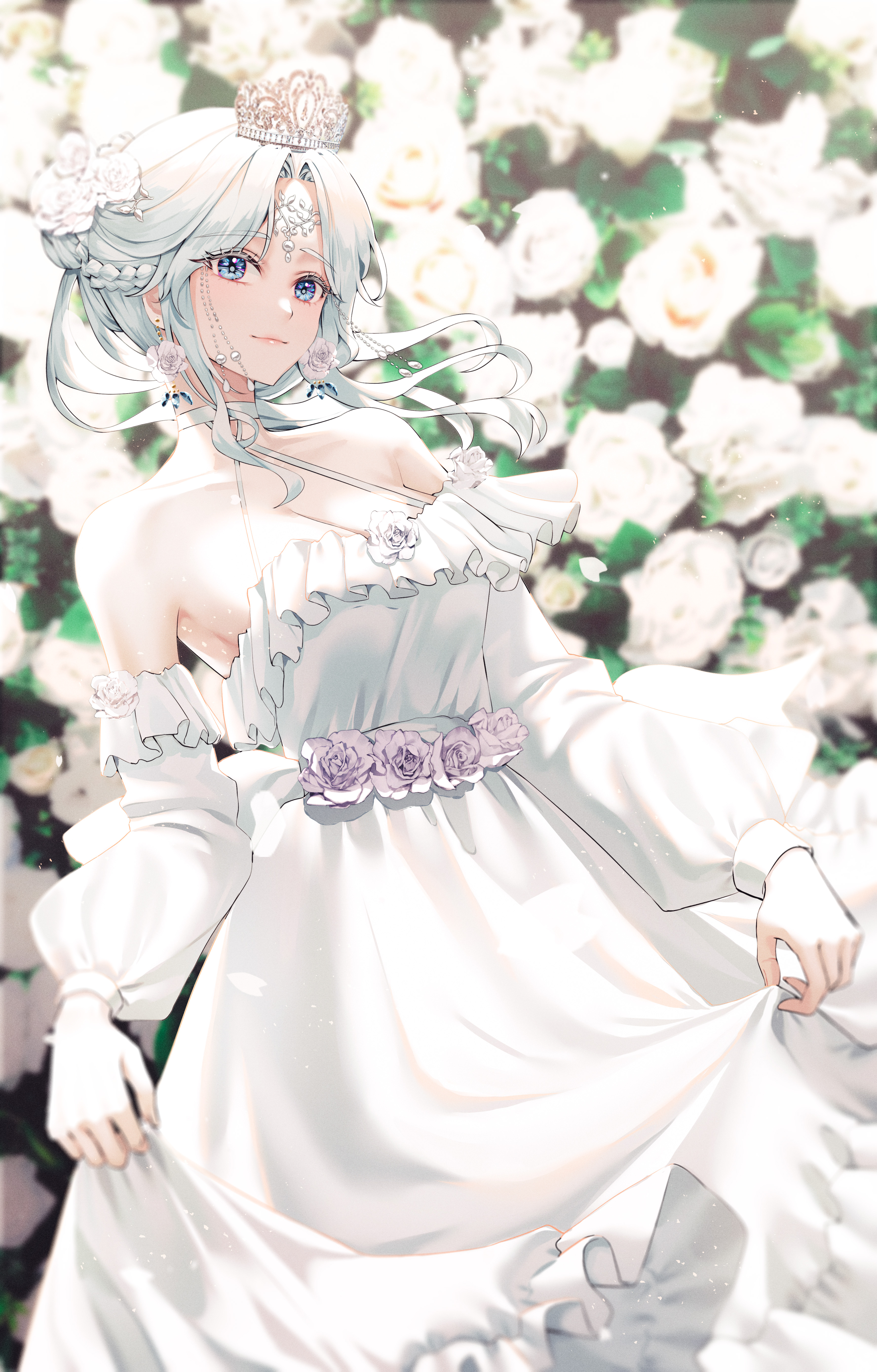 Anime 3462x5418 anime anime girls portrait display dress flowers looking at viewer smiling lifting dress braids tiaras bare shoulders