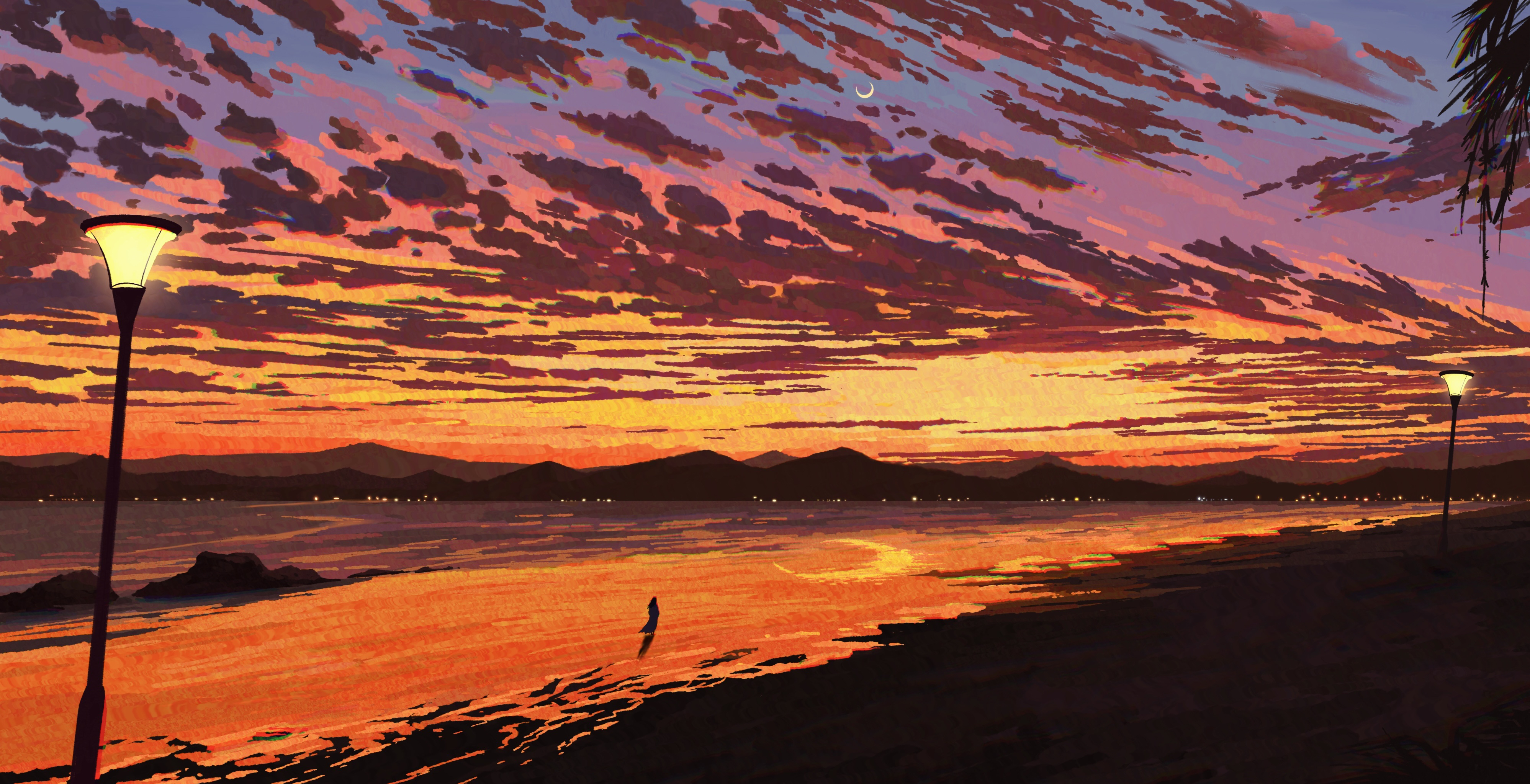 General 3995x2048 Fangpeii digital art artwork illustration sunset sea beach mountains clouds street light environment landscape sunset glow sky mountain chain