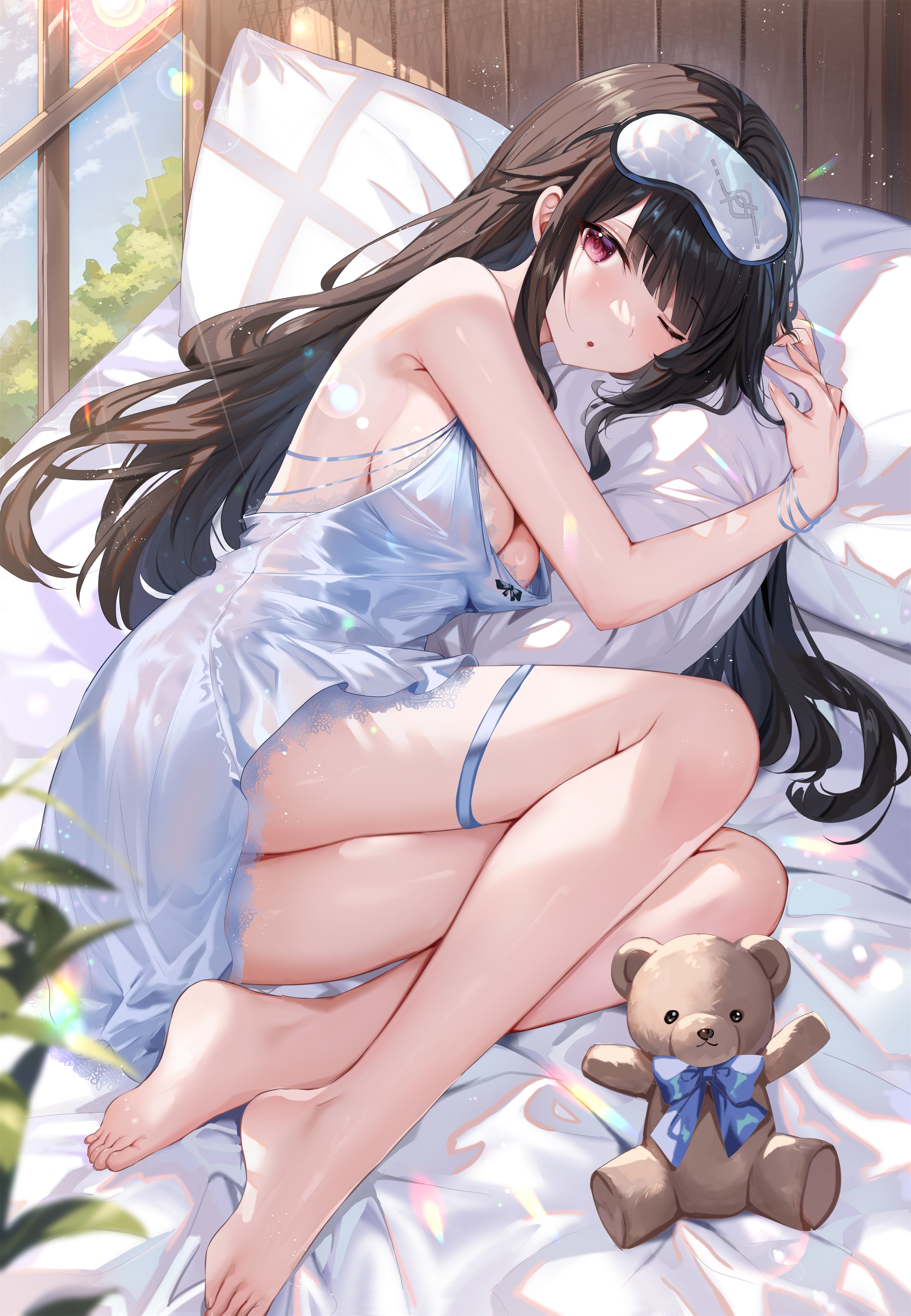 Anime 3372x4869 anime anime girls Gejigejier portrait display lying down lying on side looking at viewer long hair one eye closed teddy bears bent legs sideboob big boobs sunlight in bed pillow leaves sleep mask blue bow bow tie leg ring bed Snowbreak: Containment Zone Yao (Snowbreak) bracelets pointed toes foot sole wood backless backless dress dress