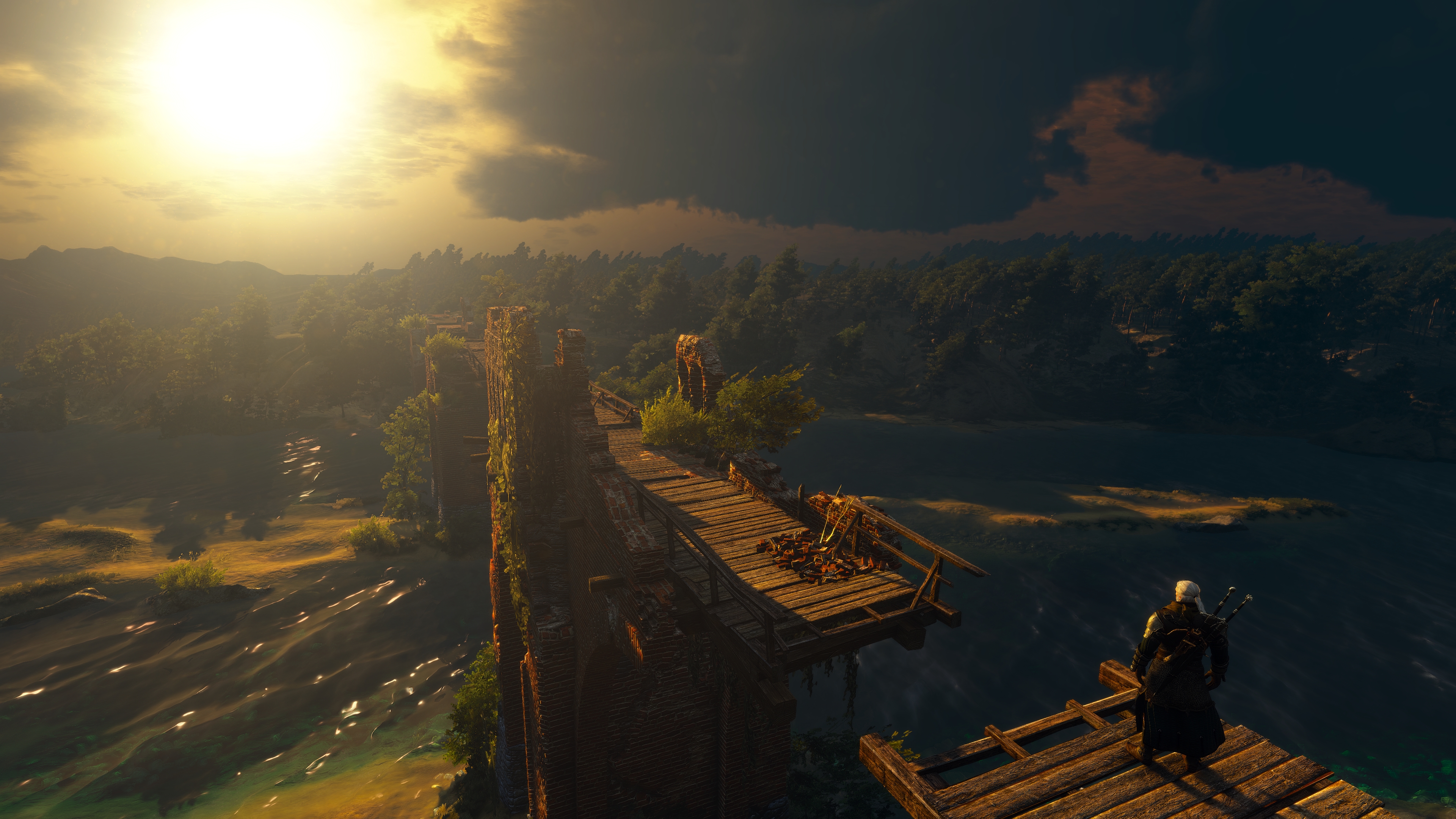 General 3840x2160 The Witcher 3: Wild Hunt screen shot PC gaming The Witcher video games video game art digital art video game characters CGI video game men sunlight standing bridge sky clouds water sword